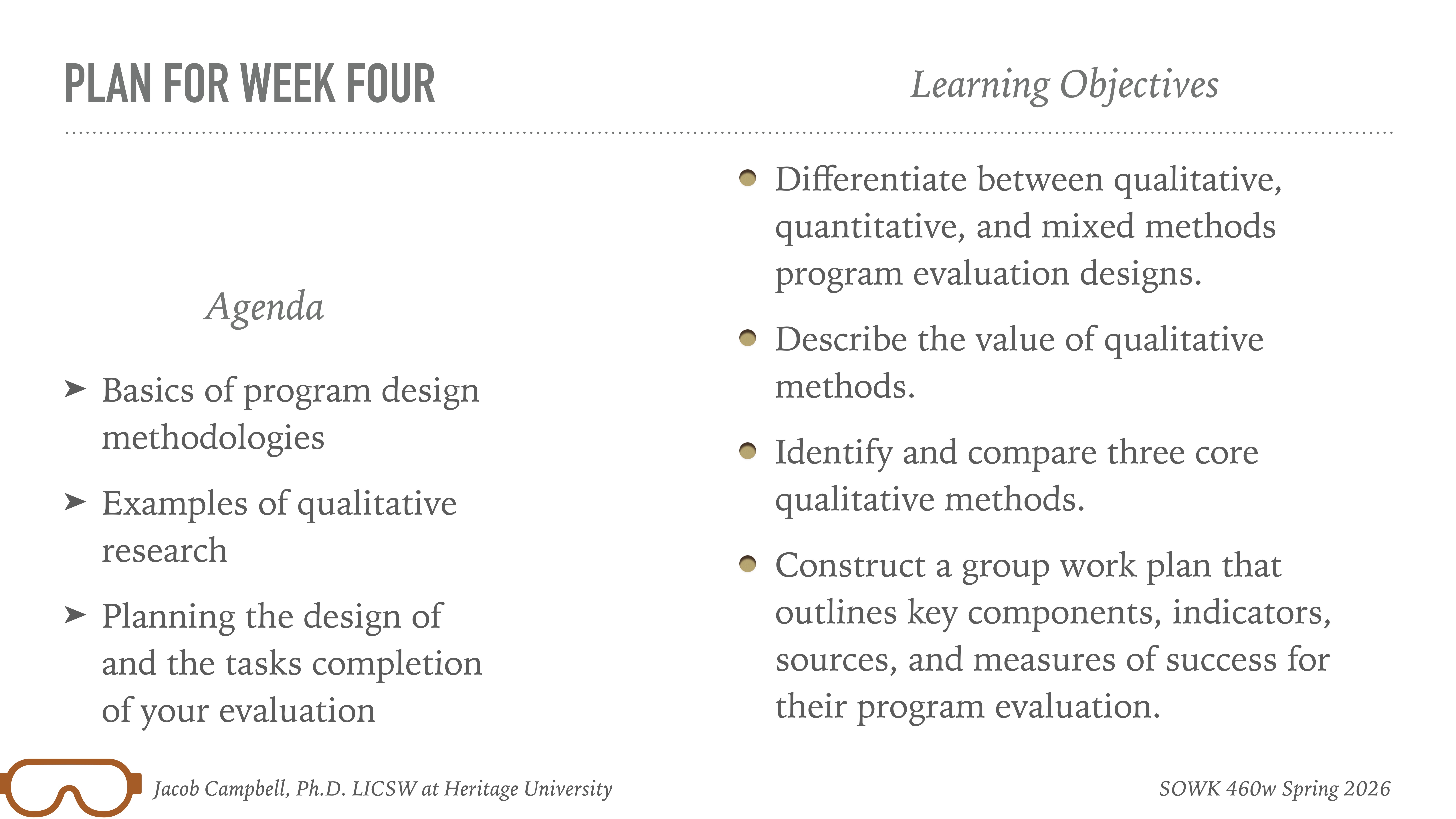 The slide titled 'Plan for Week Four' lists the agenda and learning objectives for a program design class. Topics include methodologies, qualitative research, and evaluation. Instructor: Jacob Campbell, Heritage University.