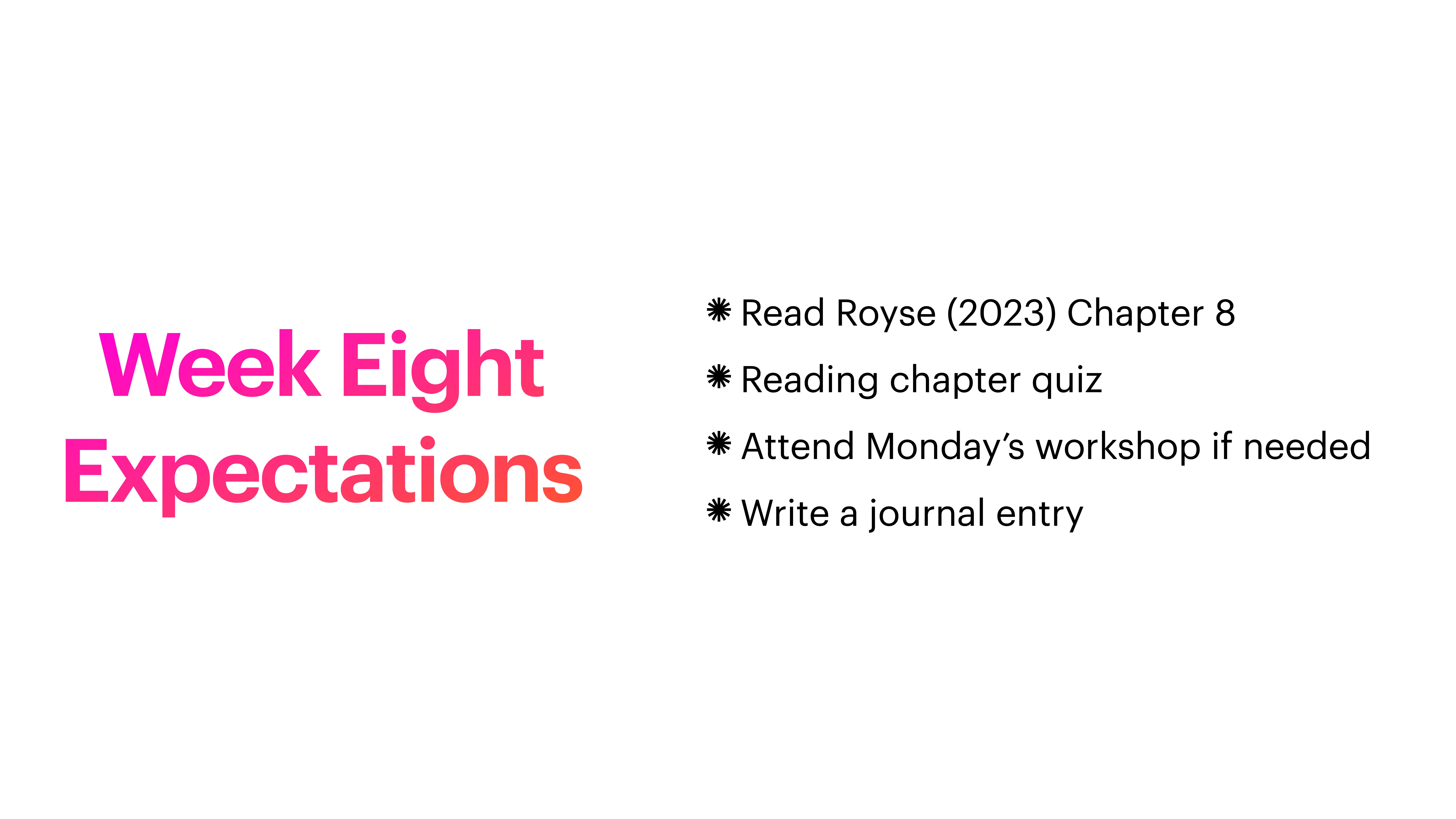 The slide displays 'Week Eight Expectations' in bold text. It lists tasks: read Royse (2023) Chapter 8, complete a quiz, attend a workshop if needed, and write a journal entry.