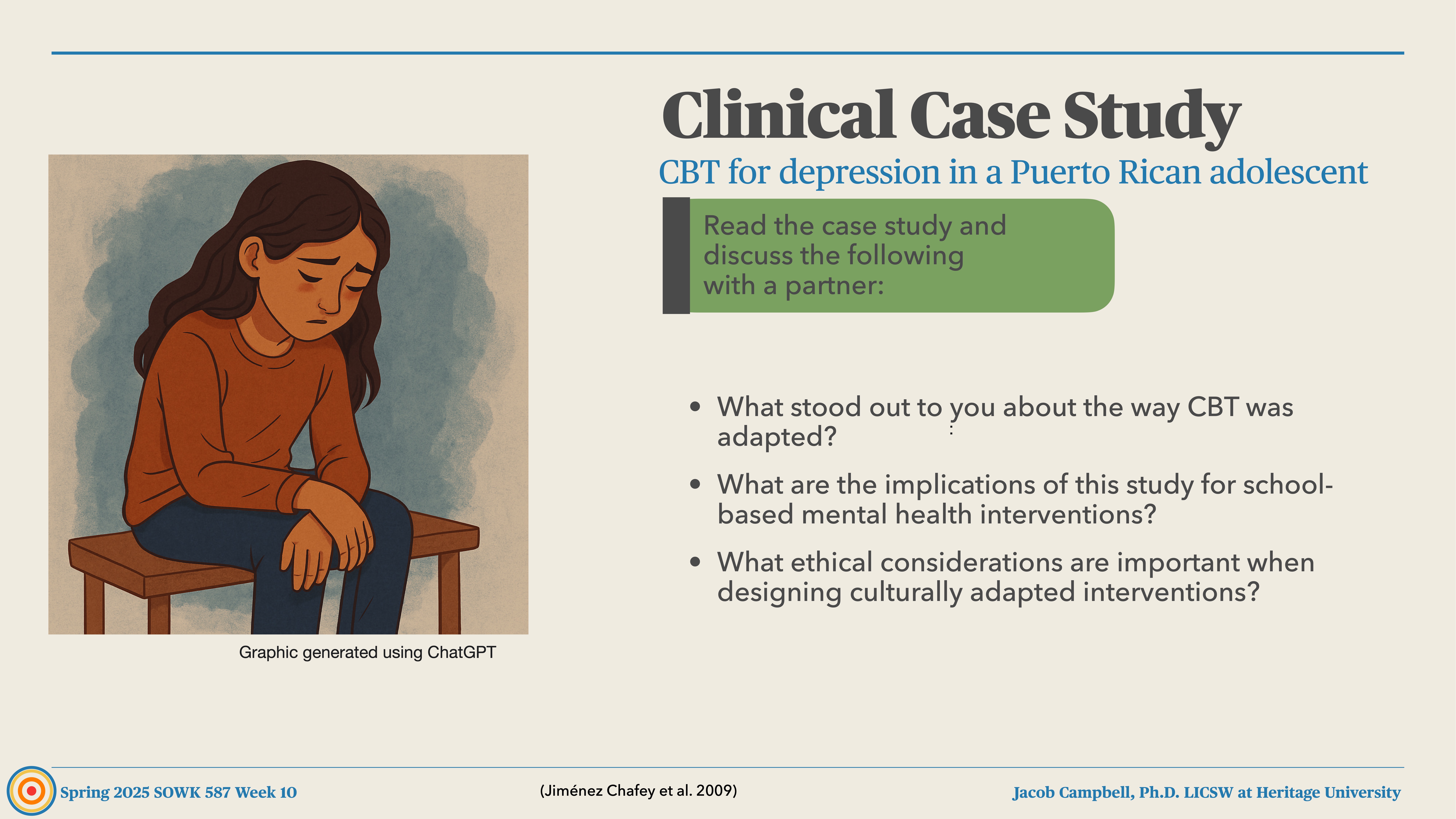 A sad adolescent sits on a chair, arms crossed, left side. Text: 'Clinical Case Study: CBT for depression in a Puerto Rican adolescent.' Discussion questions explore CBT adaptation and ethical implications.
