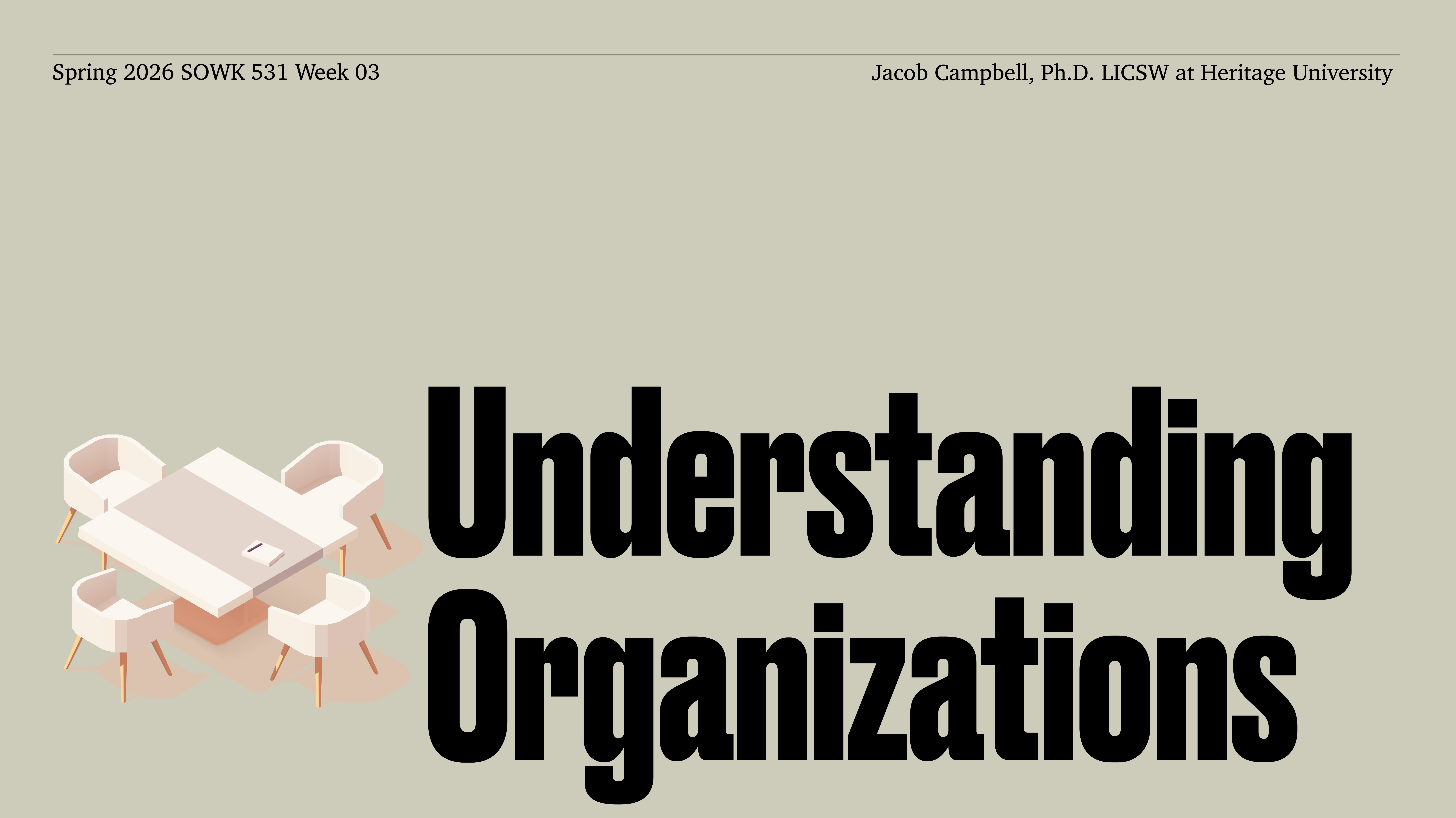 A conference table with four chairs surrounds a document; large text reads 'Understanding Organizations.' Context includes 'Spring 2026 SOWK 531 Week 03' and 'Jacob Campbell, Ph.D. LICSW at Heritage University.'