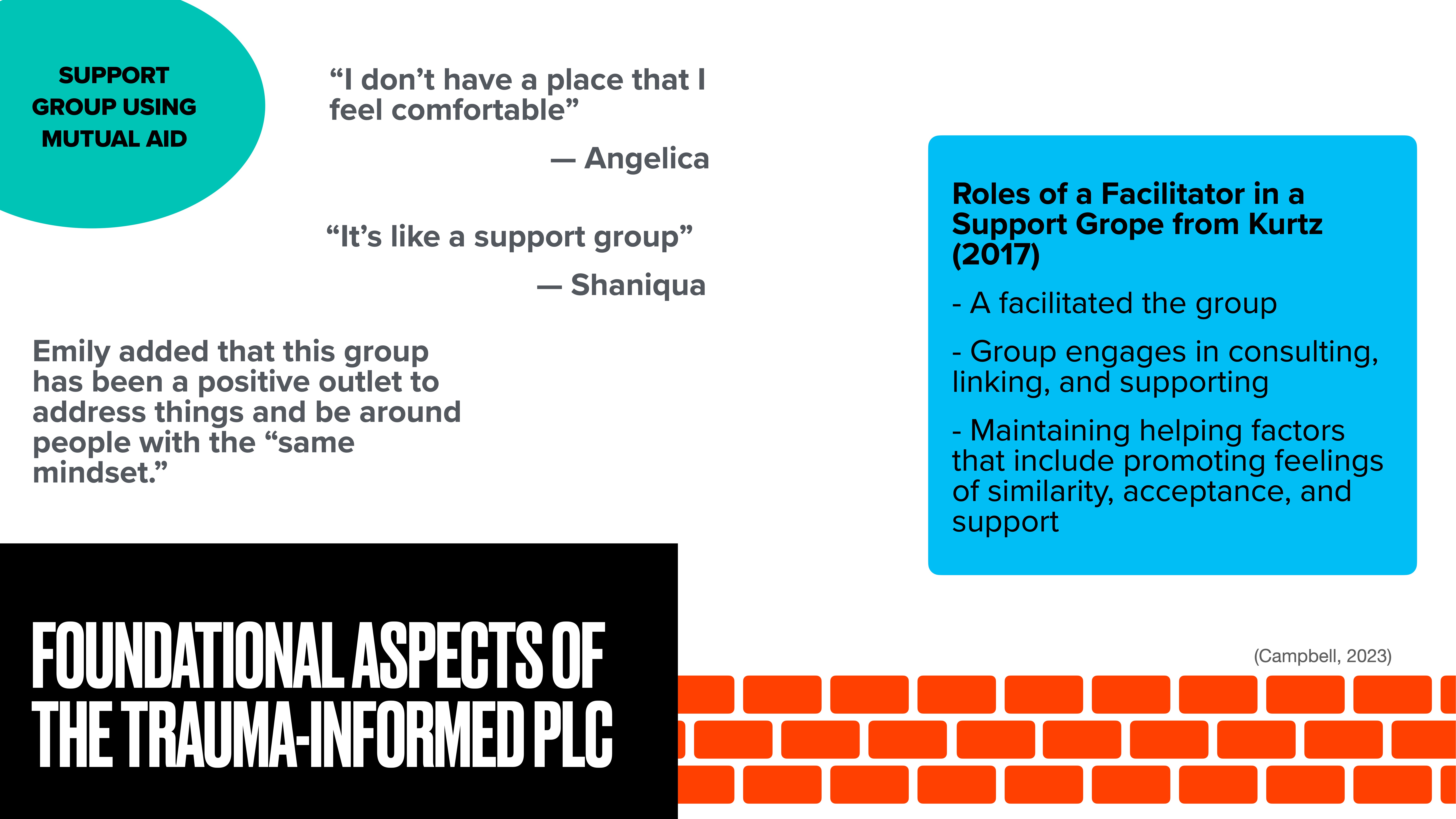 Slide features testimonials about support groups, a facilitator's role description, and the title 'Foundational Aspects of the Trauma-Informed PLC.' A brick pattern decorates the bottom right corner.