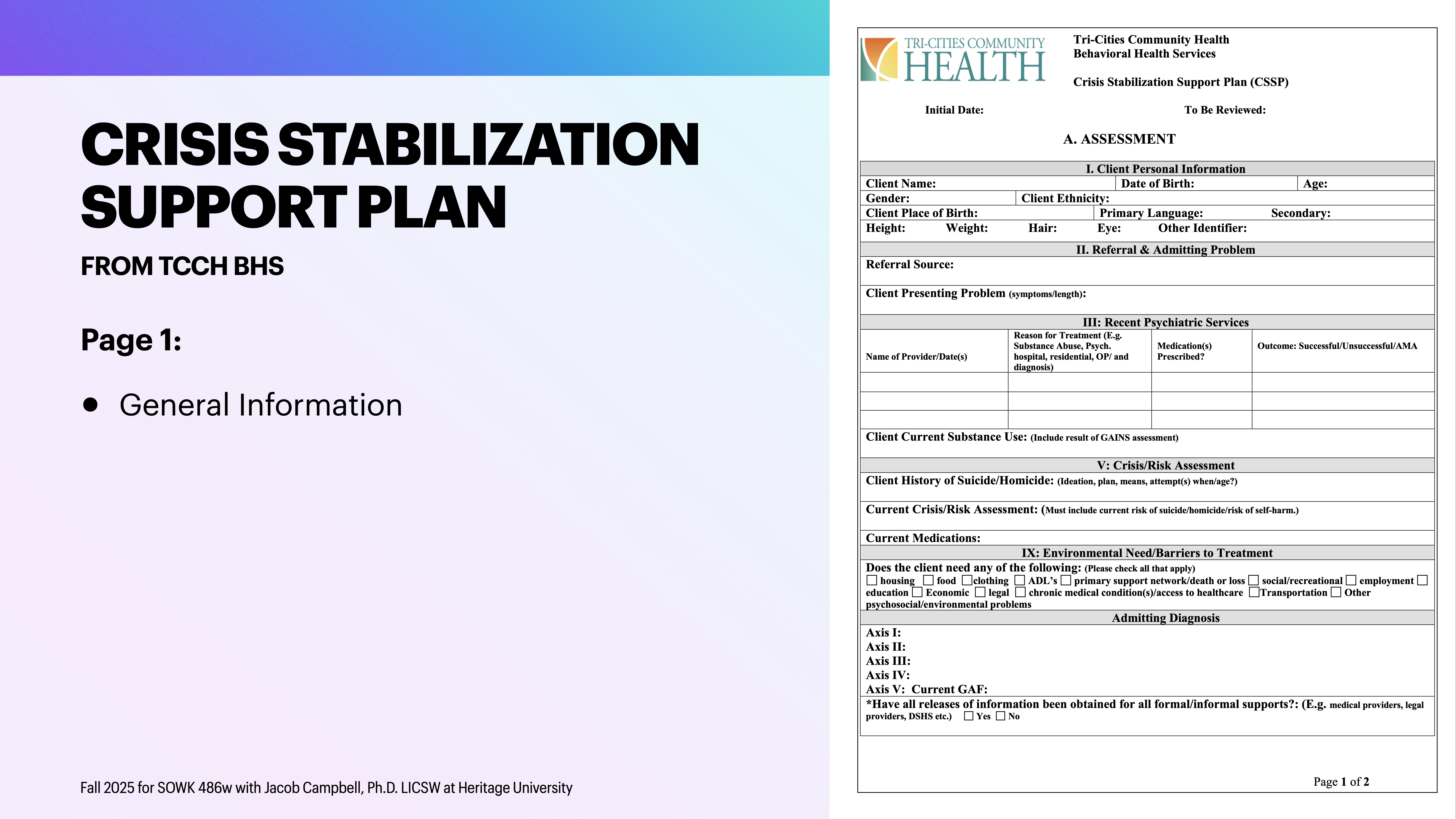 The image features a slide titled 'CRISIS STABILIZATION SUPPORT PLAN' from TCCH BHS, including client information and assessment sections. Text includes 'General Information.' Vibrant background with gradient colors.