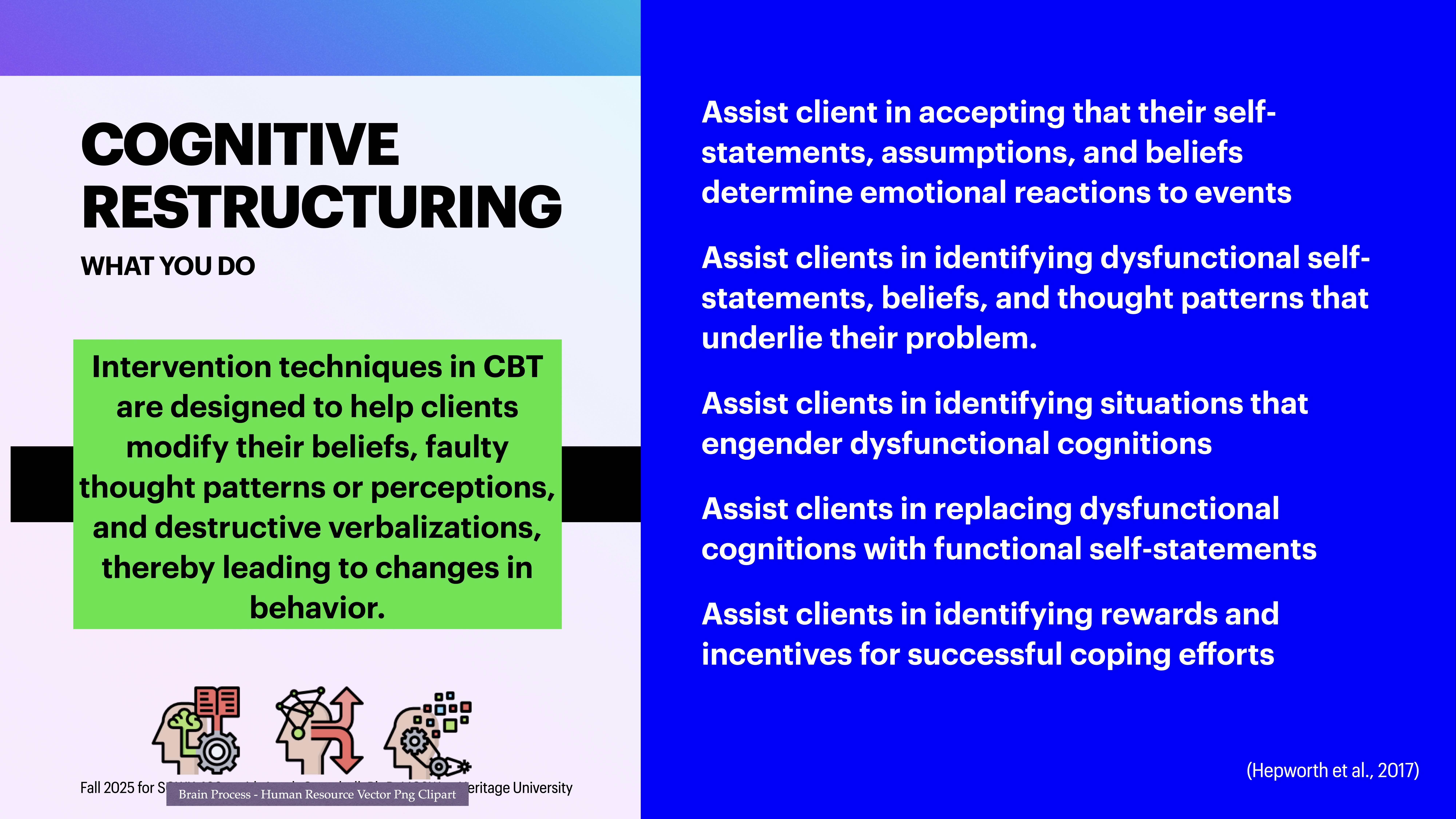 A slide titled 'Cognitive Restructuring' describes intervention techniques in CBT to help clients modify beliefs, thoughts, and behaviors. It lists methods for identifying and replacing dysfunctional patterns, citing Hepworth et al. (2017).