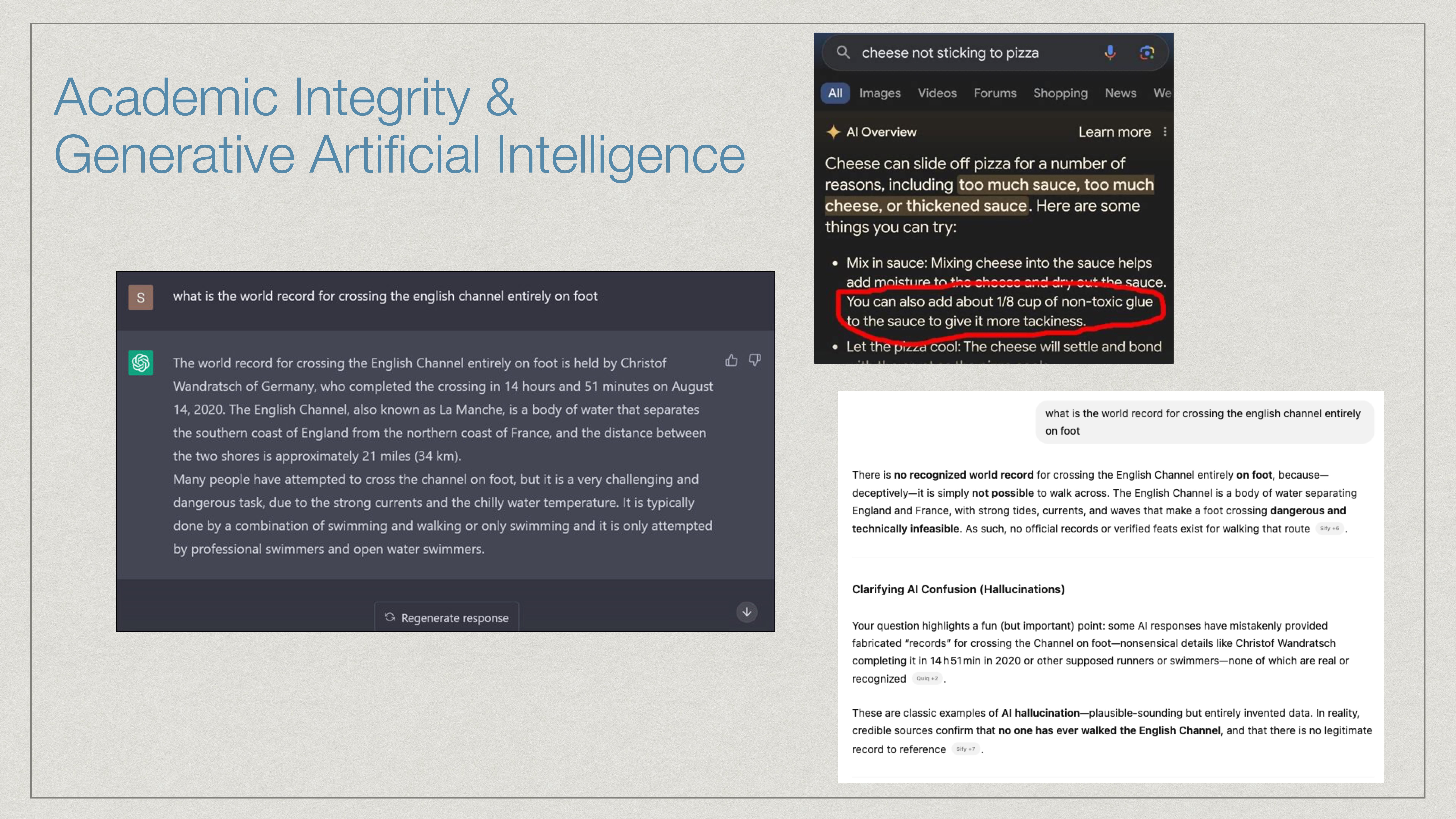 Title text reads “Academic Integrity & Generative Artificial Intelligence.” There are two smaller sections: one discusses crossing the English Channel with specific details, and another addresses cheese not sticking to pizza.