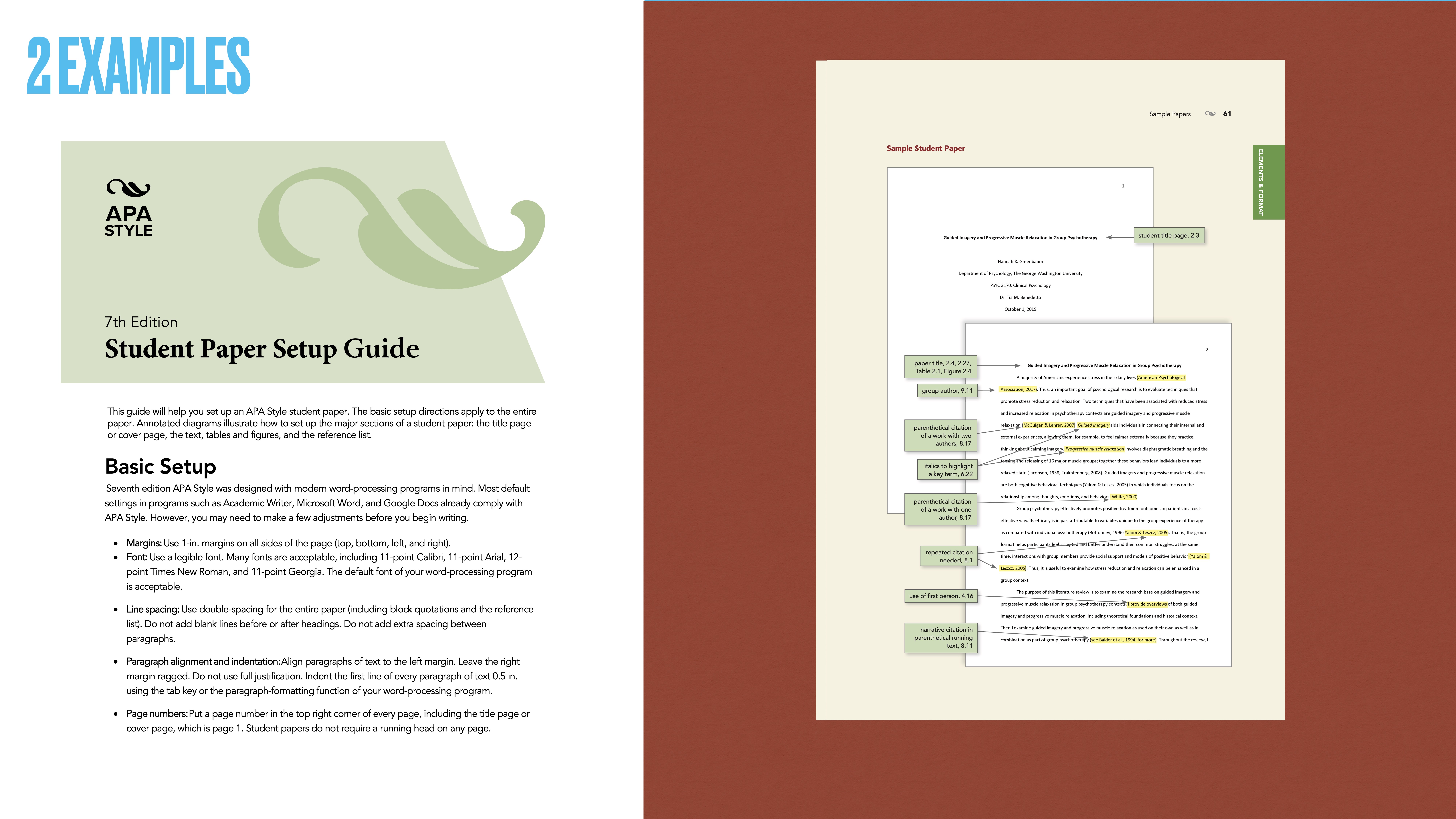 **Object**: Student Paper Setup Guide document.**Action**: Provides instructions on APA Style formatting.**Context**: Displayed as part of a presentation slide with a sample paper demonstrating formatting elements highlighted. Text includes:- 'APA STYLE 7th Edition'- 'Student Paper Setup Guide'- 'Basic Setup' with points on formatting specifics like font type, line spacing, and margins. The slide title reads '2 EXAMPLES.'