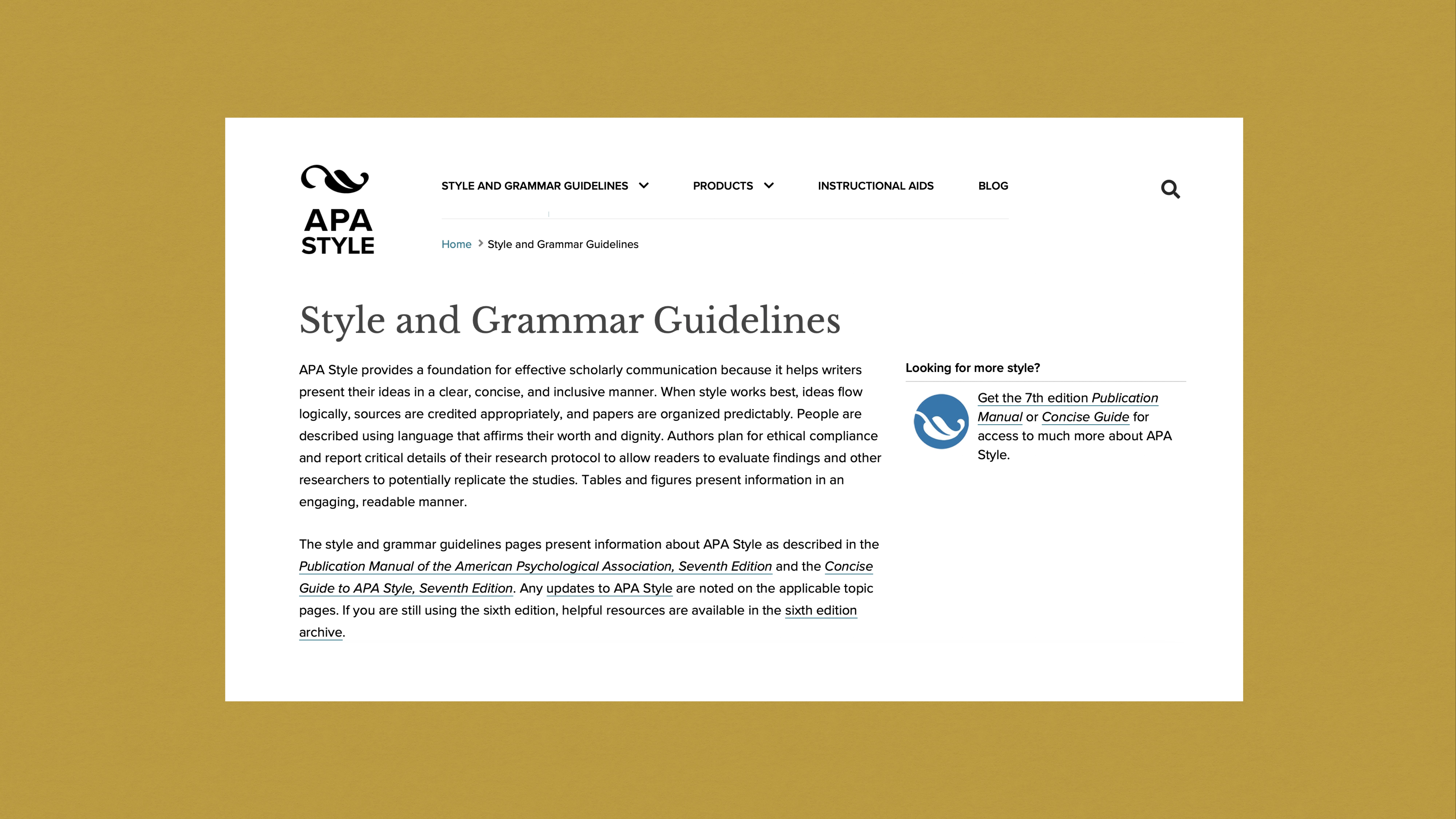 This image shows a webpage featuring the 'APA Style and Grammar Guidelines.' It describes APA style's importance for clear communication. A sidebar prompts readers to explore the 7th edition resources.