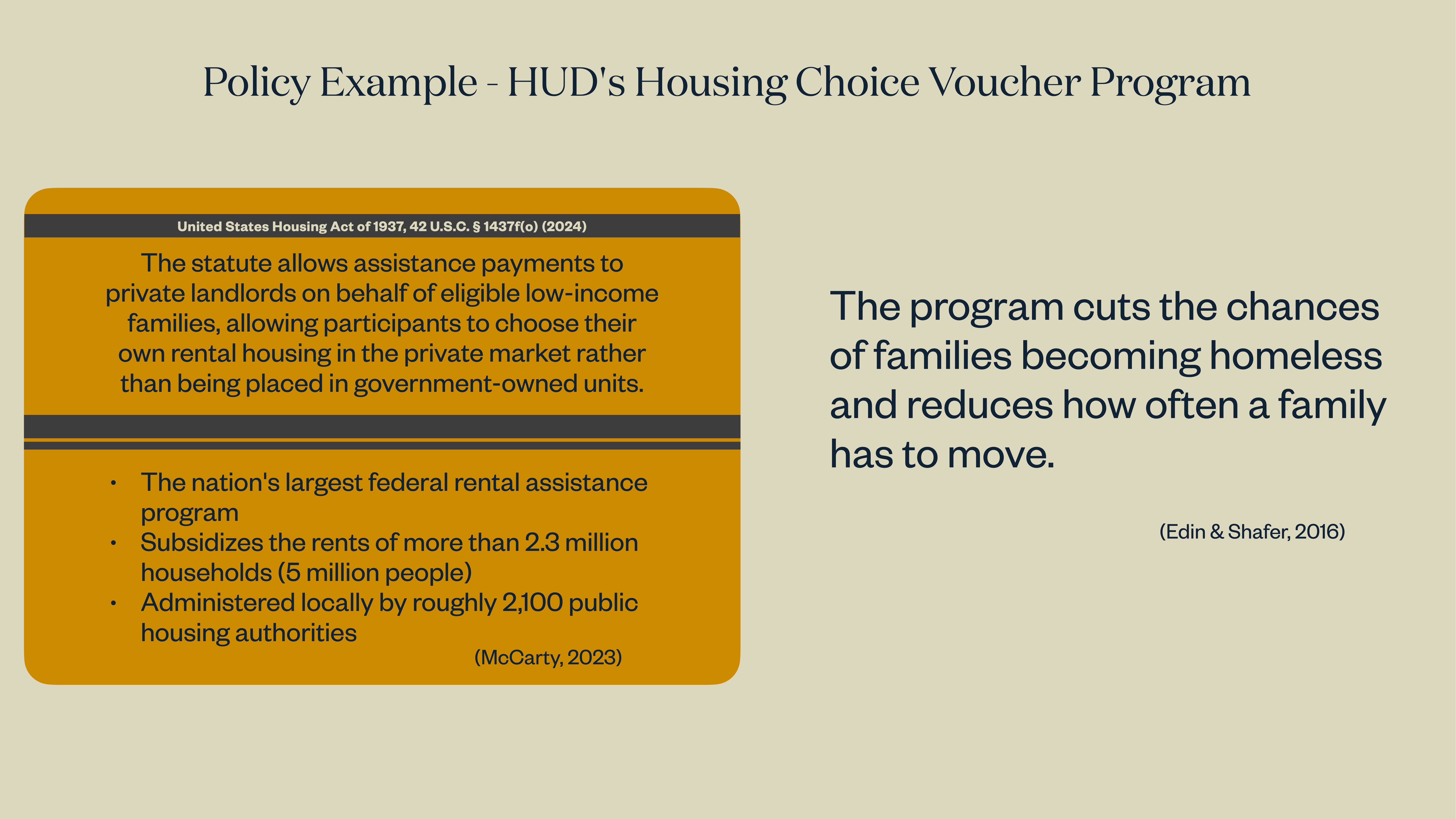 The slide presents details about HUD's Housing Choice Voucher Program, emphasizing assistance payments to private landlords for low-income families, facilitating rental choices in the private market. It highlights the program's size and benefits in reducing homelessness and family displacement.