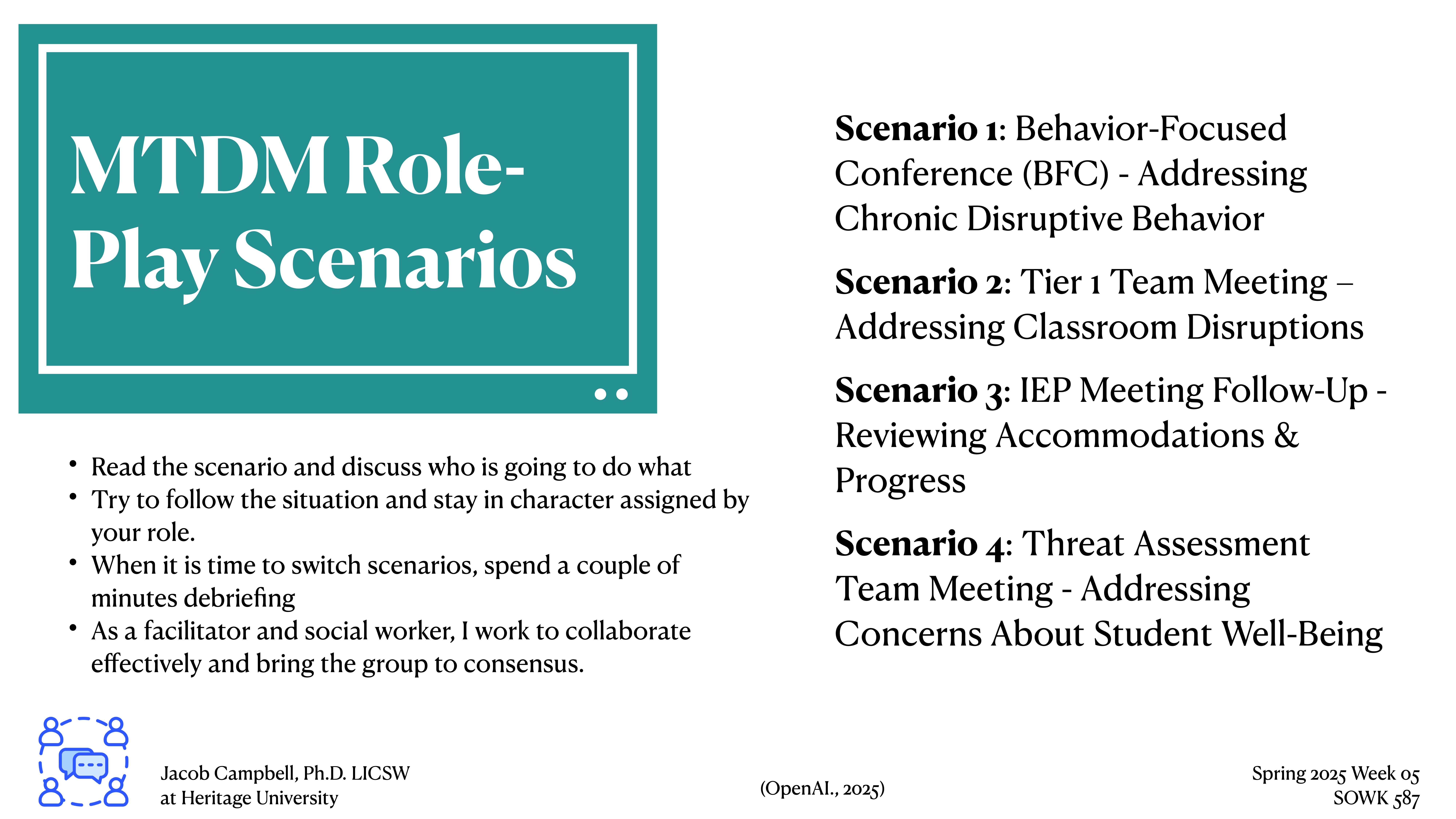 Title board lists 'MTDM Role-Play Scenarios.' Text describes scenarios: 1. Behavior-Focused Conference (BFC) - Addressing Chronic Disruptive Behavior2. Tier 1 Team Meeting – Addressing Classroom Disruptions3. IEP Meeting Follow-Up - Reviewing Accommodations & Progress4. Threat Assessment Team Meeting - Addressing Concerns About Student Well-BeingAdditional Instructions:- Read the scenario; discuss roles.- Stay in character.- Debrief between scenarios.  Facilitator: Jacob Campbell, Ph.D. LICSW at Heritage University.Spring 2023 Week 05, SOWK 487.
