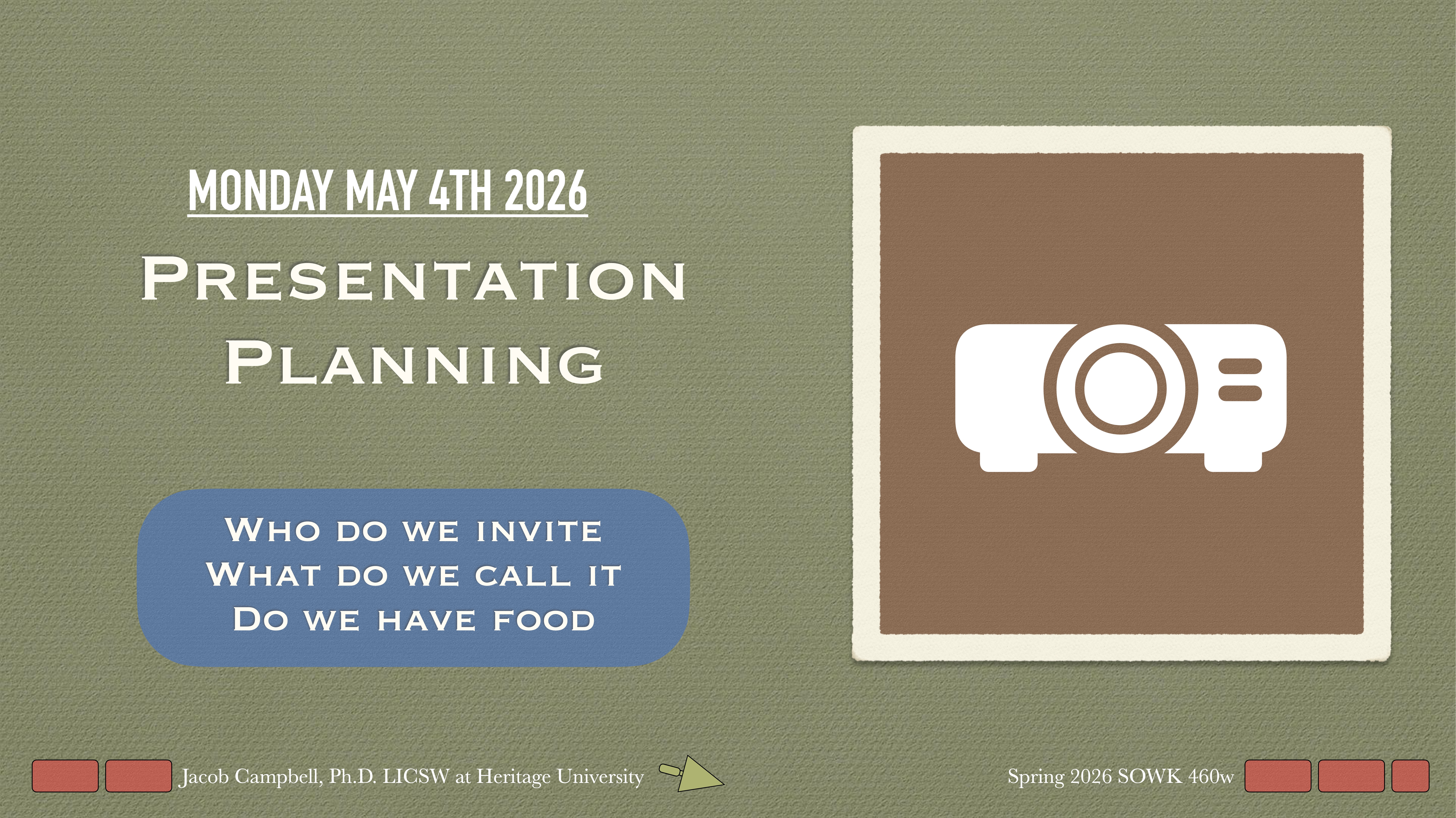 Projection icon centered on a textured background, with white text stating 'Presentation Planning.' Highlighted topics: 'Who do we invite, What do we call it, Do we have food.' Date: May 4th, 2026.