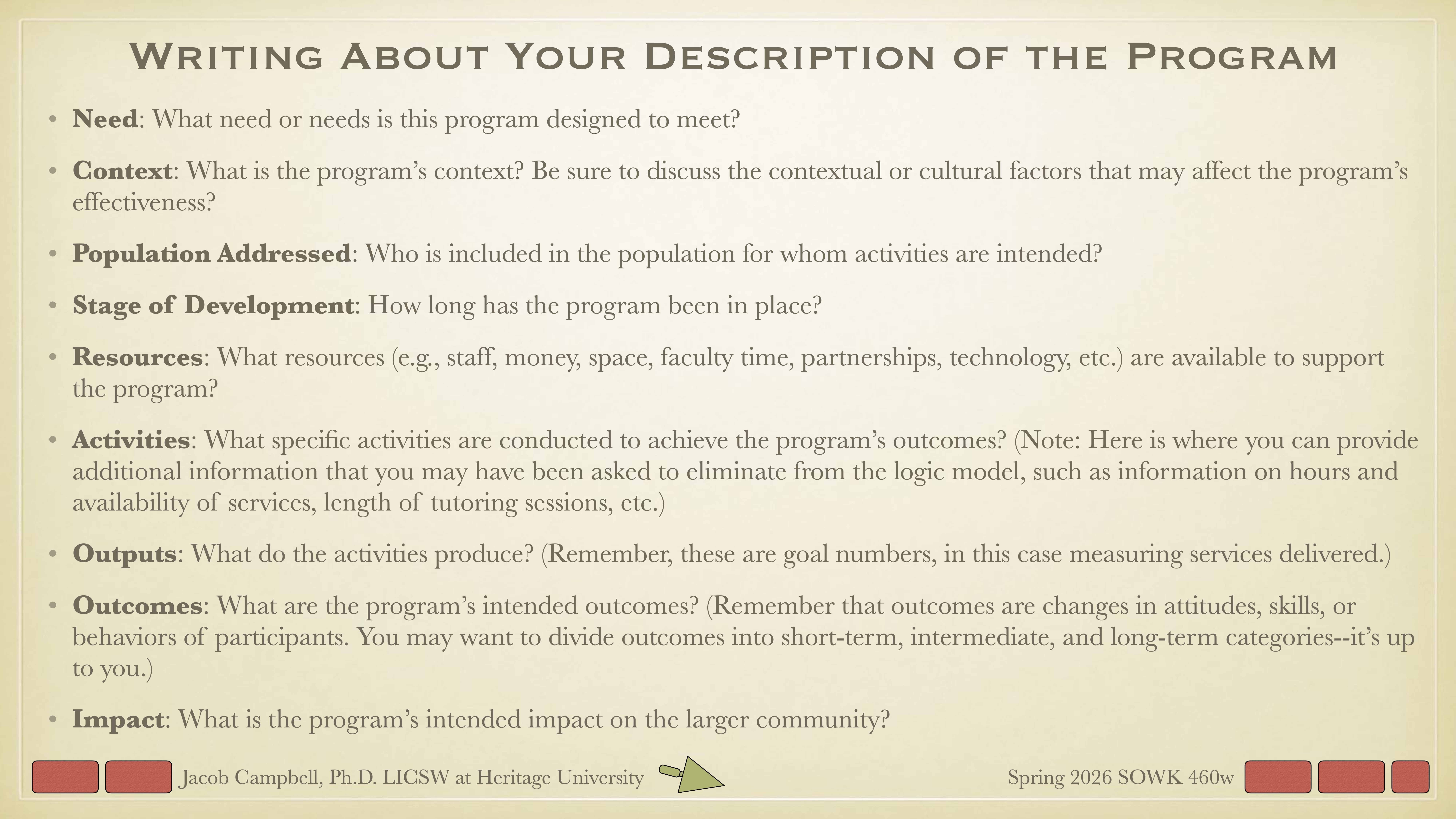 A presentation slide titled 'Writing About Your Description of the Program' lists various components: need, context, population addressed, stage of development, resources, activities, outputs, outcomes, and impact. Authored by Jacob Campbell, Ph.D., LICSW at Heritage University, it is designed for Spring 2026 SOWK 460w.