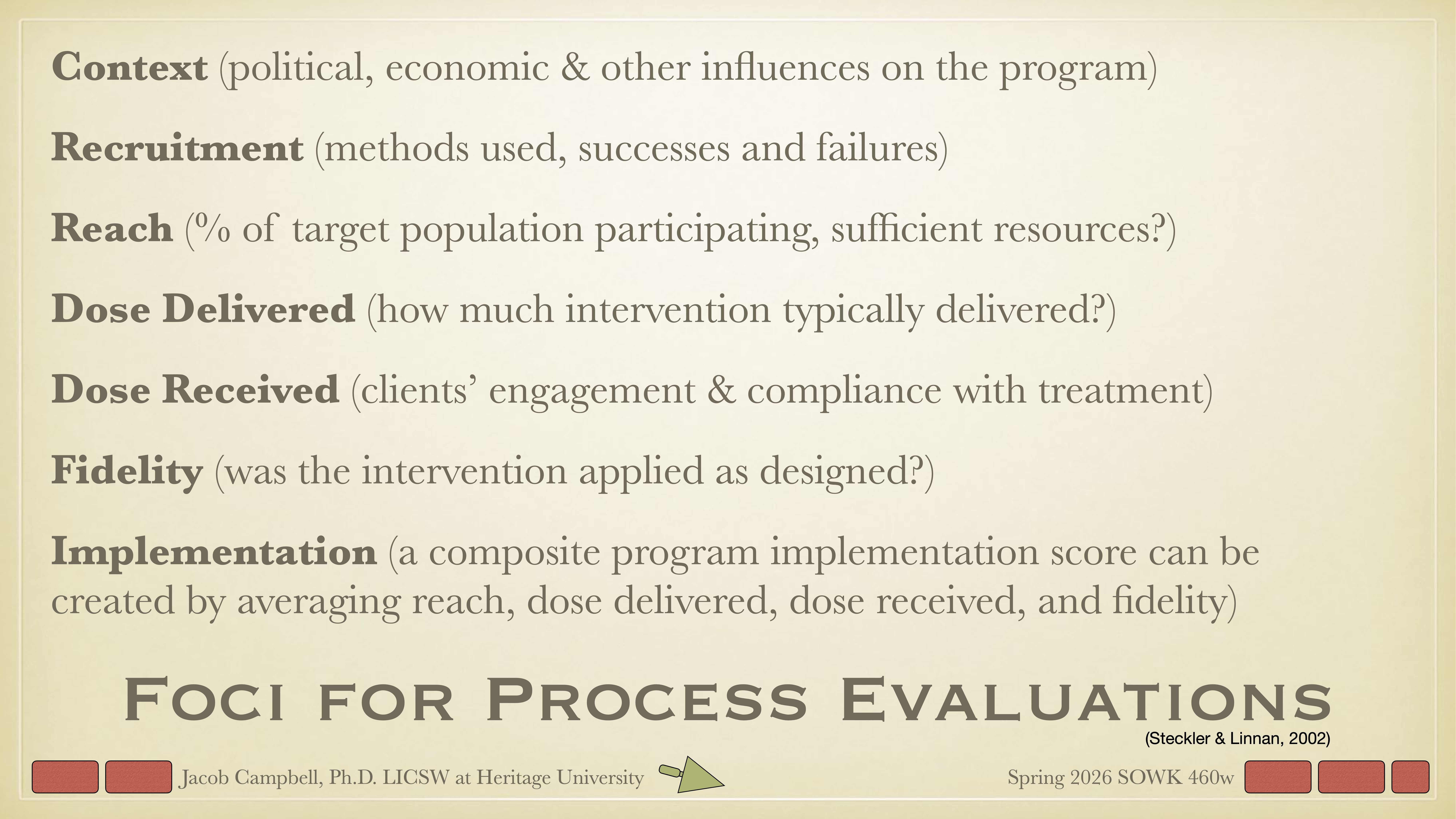 The image is a slide with guidelines for evaluating processes, listing factors like context, recruitment, reach, dose delivered, dose received, fidelity, and implementation. It provides a framework for assessing program effectiveness.