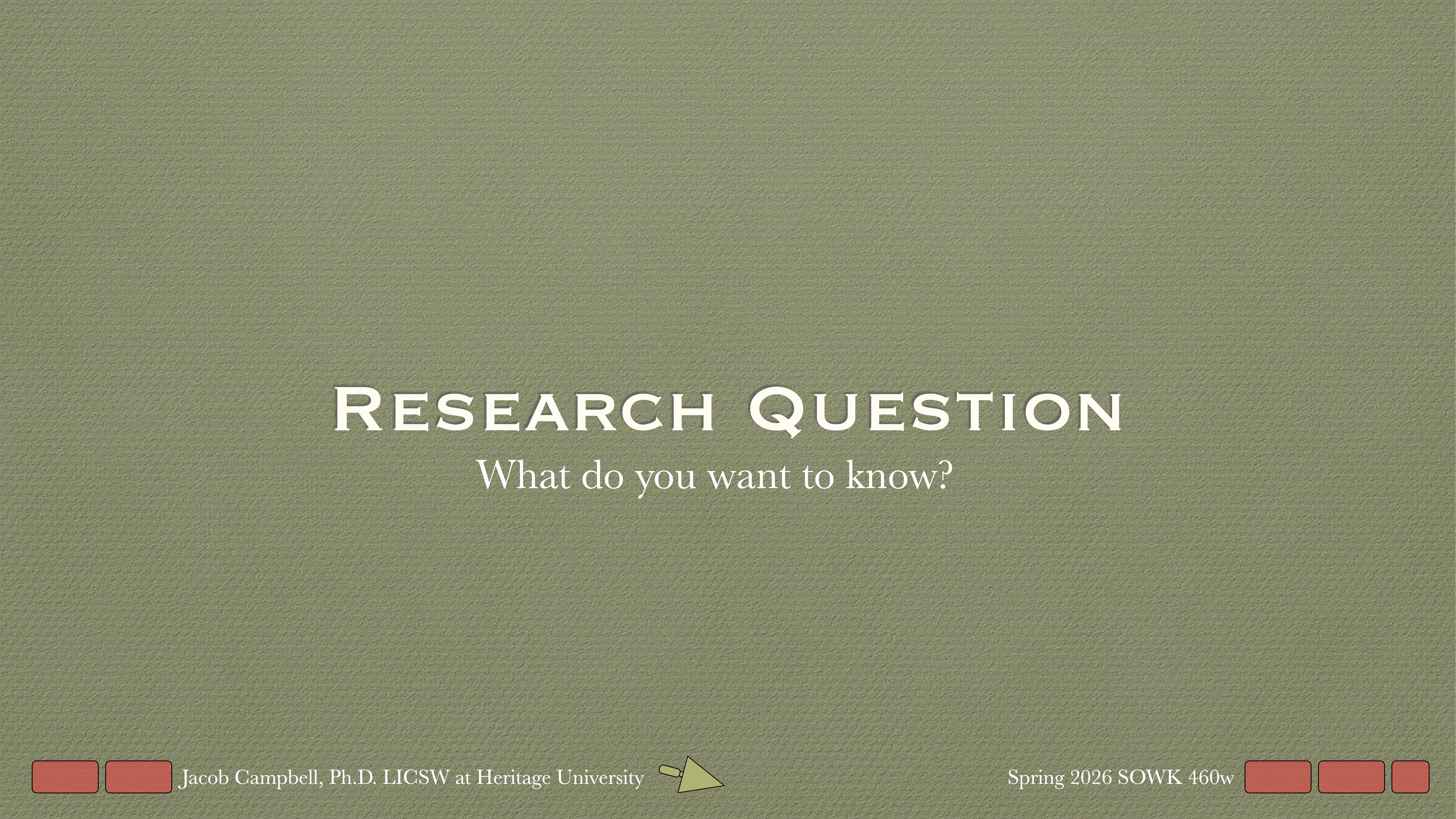 A green presentation slide displays the text 'Research Question' and 'What do you want to know?' with footer text including 'Jacob Campbell, Ph.D. LICSW at Heritage University' and 'Spring 2026 SOWK 460w.'