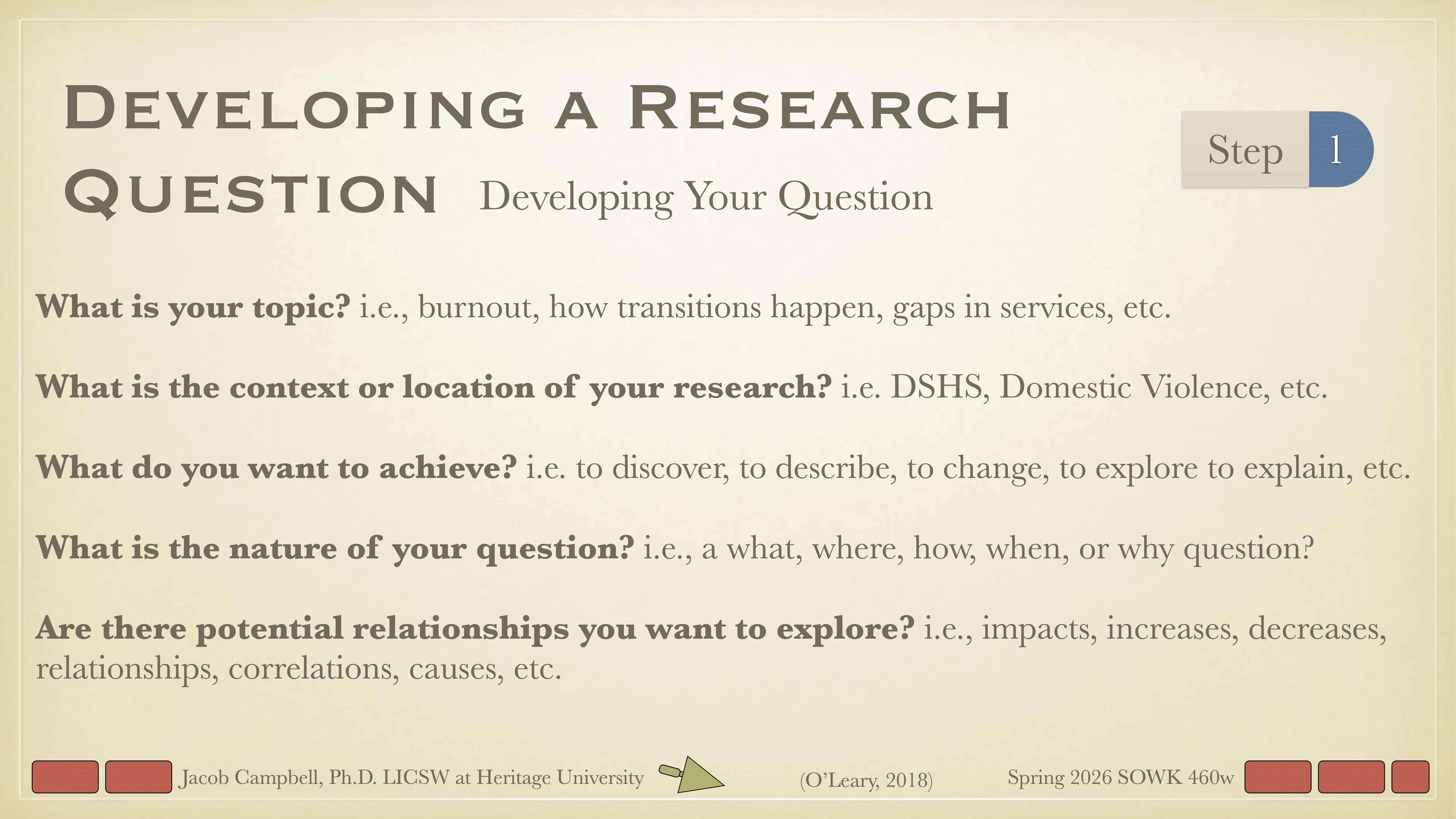 A slide titled “Developing a Research Question” lists questions to guide research development, such as topic, context, goals, question nature, and relationships. Additional text includes attribution and course information.