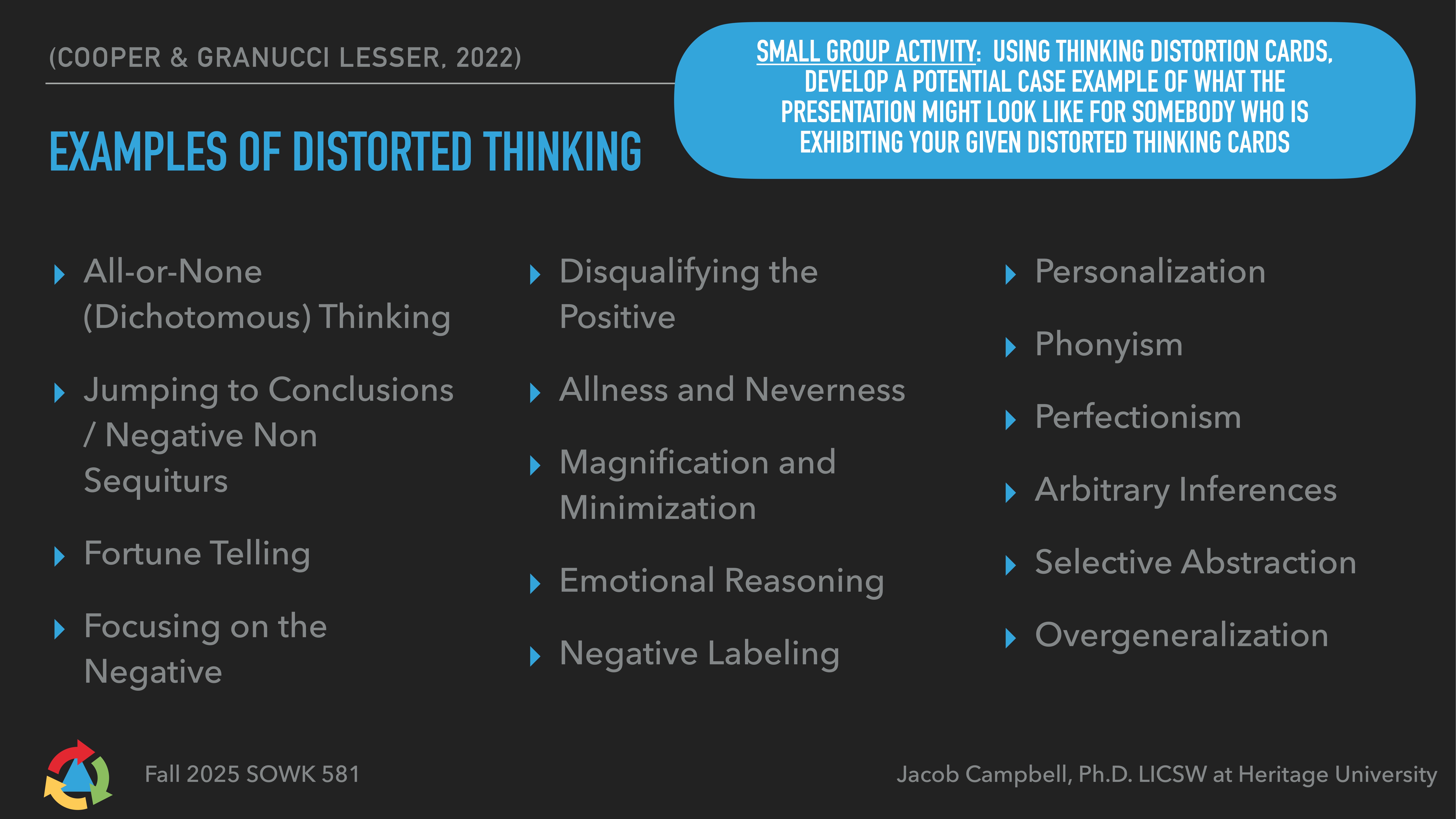 Slide lists 'Examples of Distorted Thinking' like all-or-none thinking, personalizing, and perfectionism. Instructions for a small group activity are included in a blue box. Background is dark.Text includes:- (Cooper & Granucci Lesser, 2022)- Small Group Activity: Using thinking distortion cards, develop a potential case example of what the presentation might look like for somebody who is exhibiting your given distorted thinking cards.- Fall 2025 SOWK 581- Jacob Campbell, Ph.D. LICSW at Heritage University