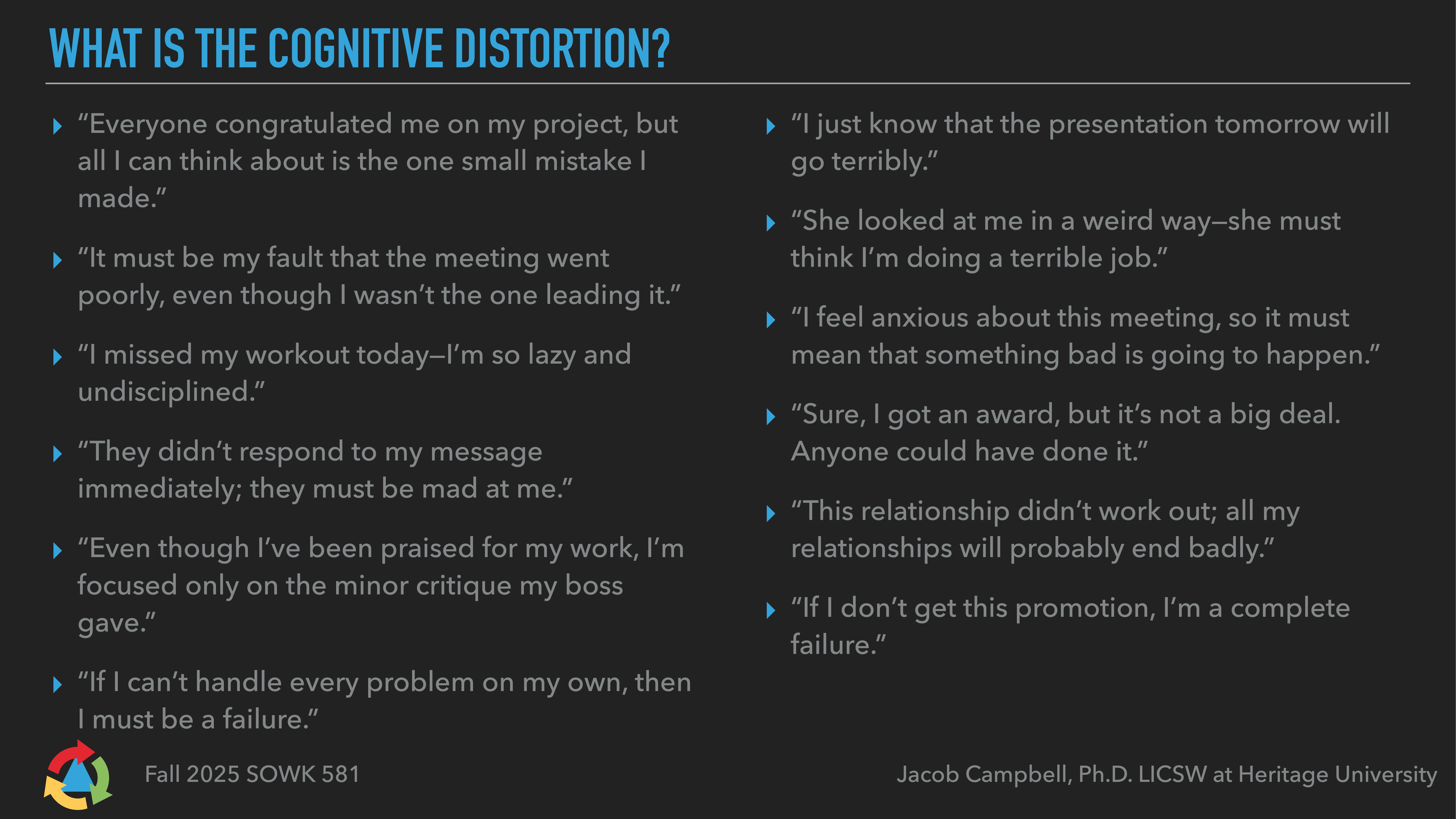 The slide features text listing various cognitive distortions, highlighting self-critical thoughts like, 'Everyone congratulated me, but I focus on a mistake.' It is titled 'WHAT IS THE COGNITIVE DISTORTION?' with attributions to Jacob Campbell, Ph.D. LCSW at Heritage University, and labeled Fall 2025 SOWK 581.