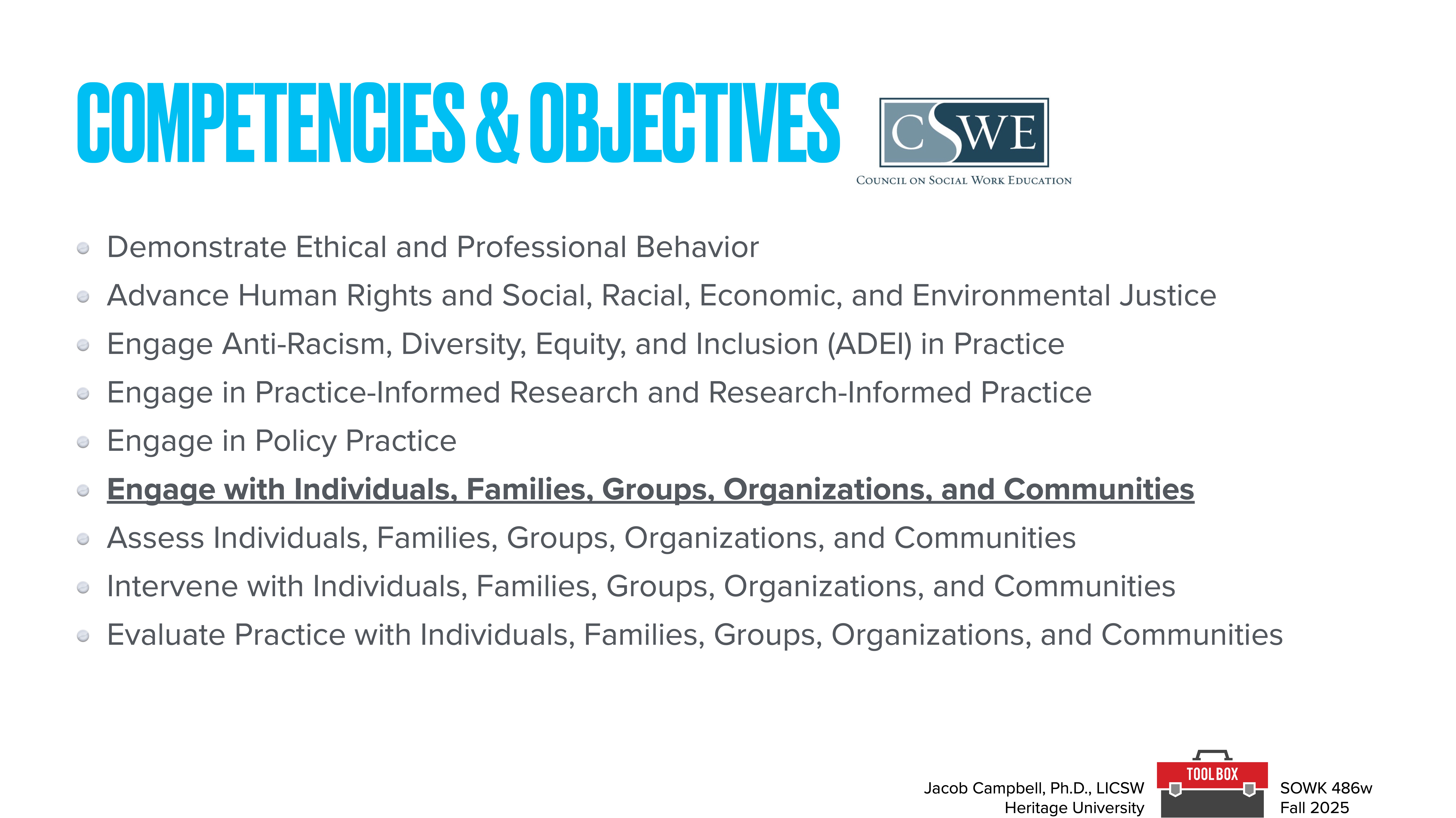 The slide features the title 'COMPETENCIES & OBJECTIVES' with a logo labeled 'COUNCIL ON SOCIAL WORK EDUCATION.' It lists eight objectives including ethical behavior and engaging with communities. Creator information is at the bottom.