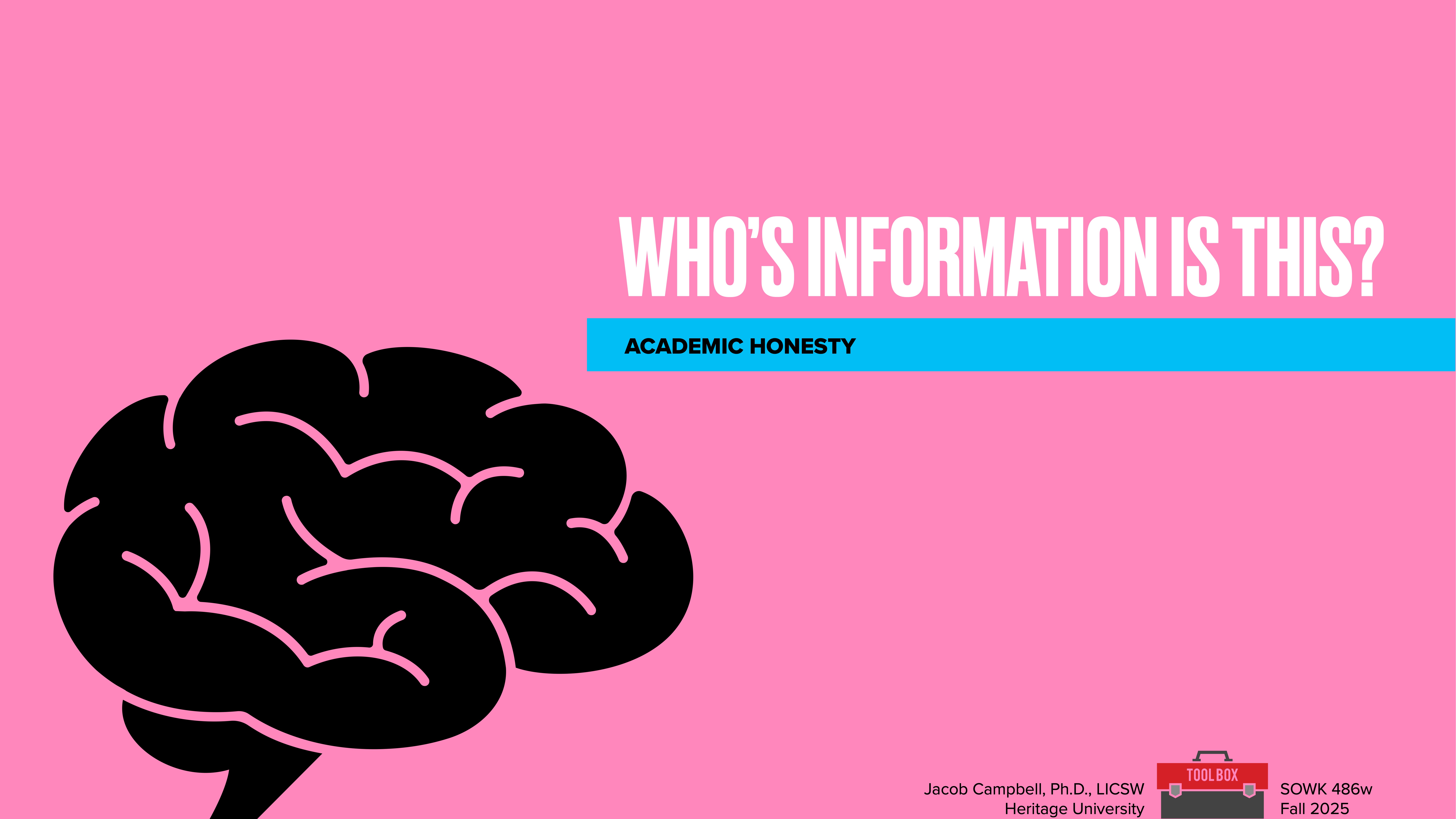 A stylized brain graphic is positioned on a pink background. Text reads, 'WHO'S INFORMATION IS THIS?' with a subtitle 'ACADEMIC HONESTY.' Bottom mentions Jacob Campbell, Ph.D., Heritage University, SOWK 486w, Fall 2025.