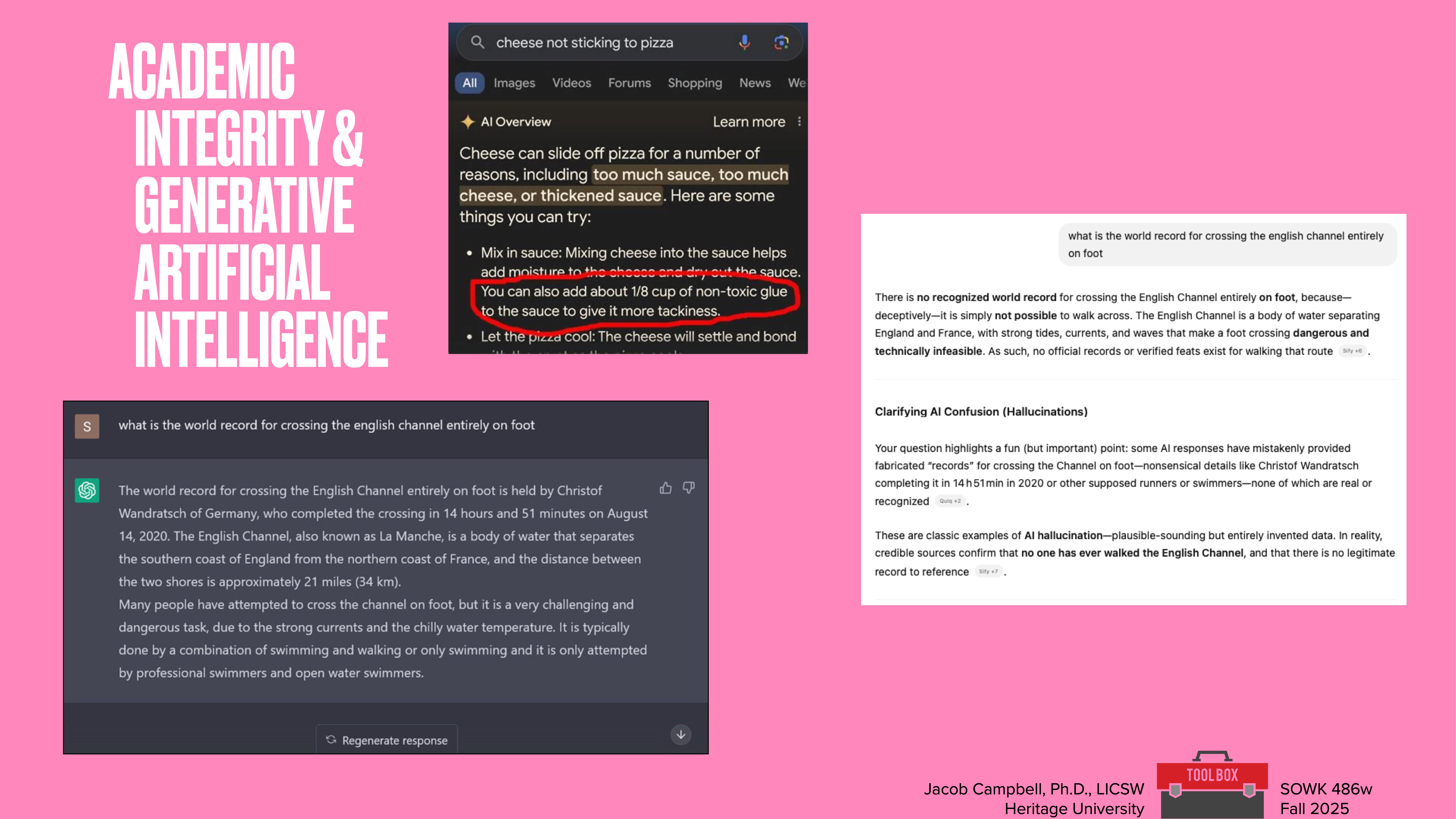 Object: Presentation slide  Action: Displays text and screenshots on AI  Context: Pink background, various boxes with text snippets, focusing on academic integrity and artificial intelligence issues.  Text:  - 'ACADEMIC INTEGRITY & GENERATIVE ARTIFICIAL INTELLIGENCE'  - Screenshots discuss solutions for pizza cheese and crossing the English Channel, emphasizing AI accuracy.  - 'Jacob Campbell, Ph.D., LICSW, Heritage University, SOWK 486w, Fall 2025'