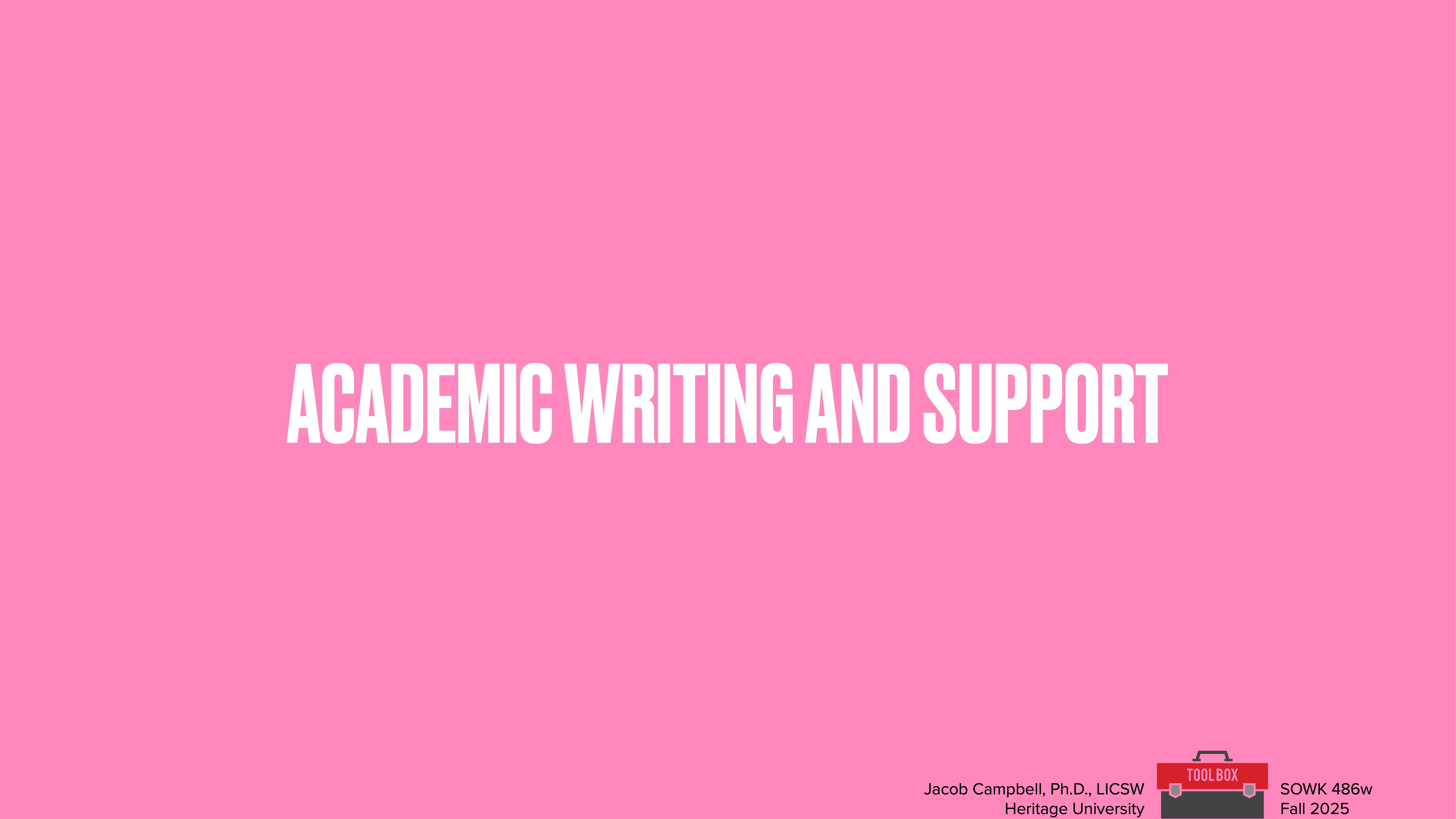 The slide displays the text 'ACADEMIC WRITING AND SUPPORT' in bold white font on a pink background. Additional text includes “Jacob Campbell, Ph.D., LCSW, Heritage University, SOWK 486w, Fall 2025” at the bottom right.