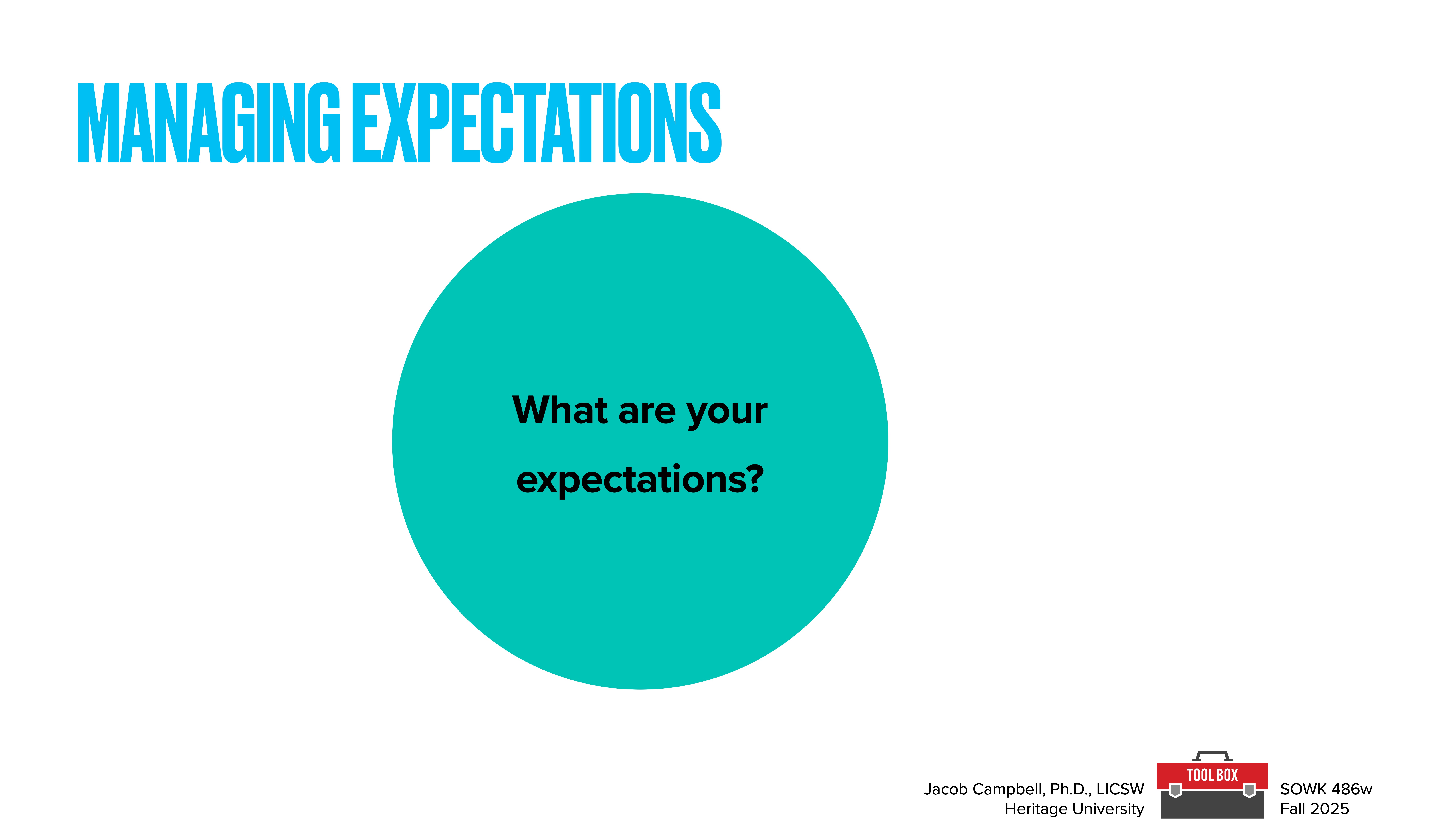 A large teal circle contains the text, 'What are your expectations?' Above, 'MANAGING EXPECTATIONS' is in bold blue. Bottom right features course details: Jacob Campbell, Ph.D., LCSW, Heritage University, SOWK 486w, Fall 2025.