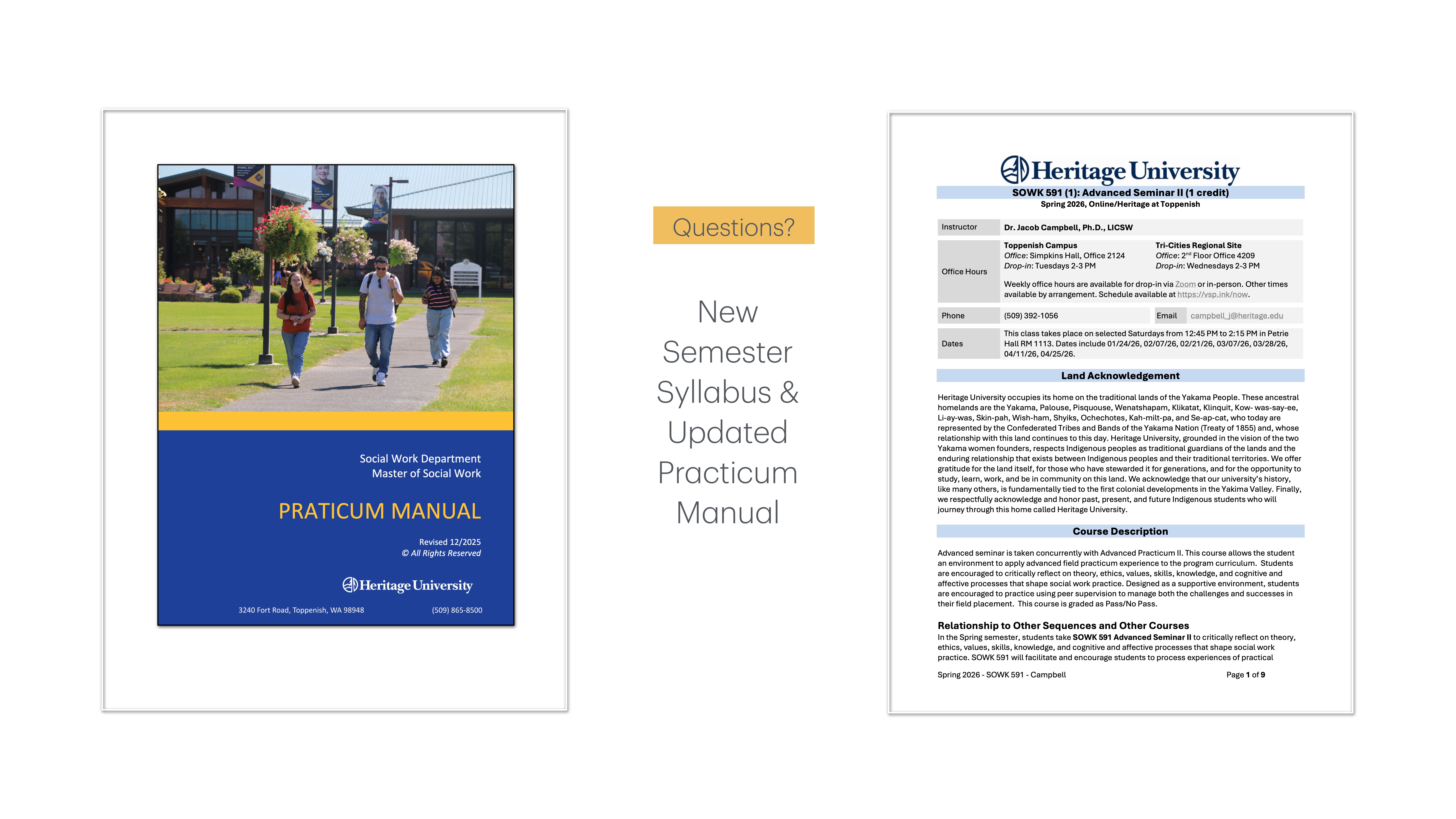 The image shows a presentation slide with two main sections: a cover of a 'Practicum Manual' with students walking on a campus, and a page with text from Heritage University. A sidebar notes: 'Questions? New Semester Syllabus & Updated Practicum Manual.'