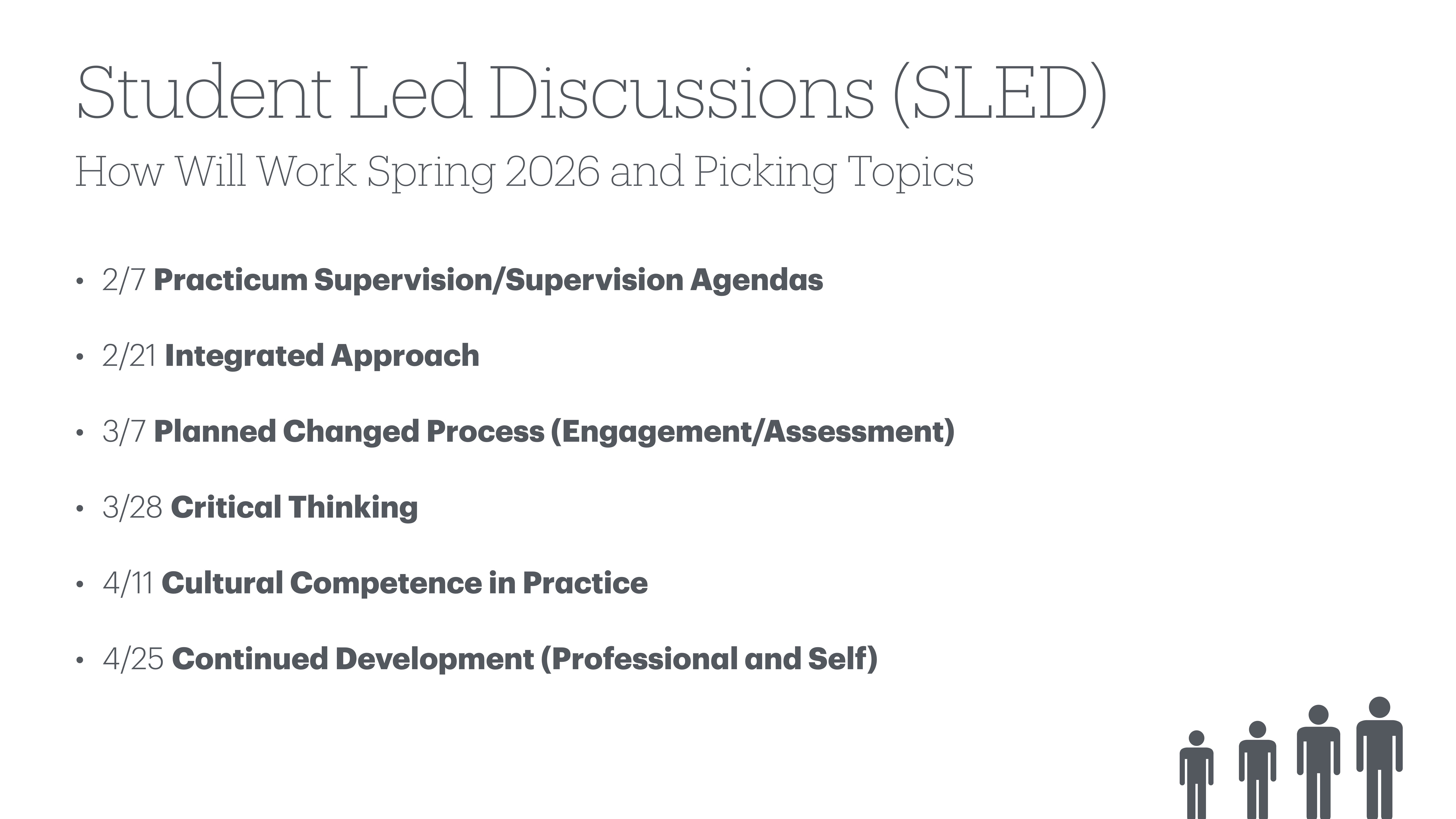 The slide presents a list titled 'Student Led Discussions (SLED),' detailing six discussion topics with dates for Spring 2026, including 'Practicum Supervision' and 'Critical Thinking.' Human icon graphics are at the bottom right.