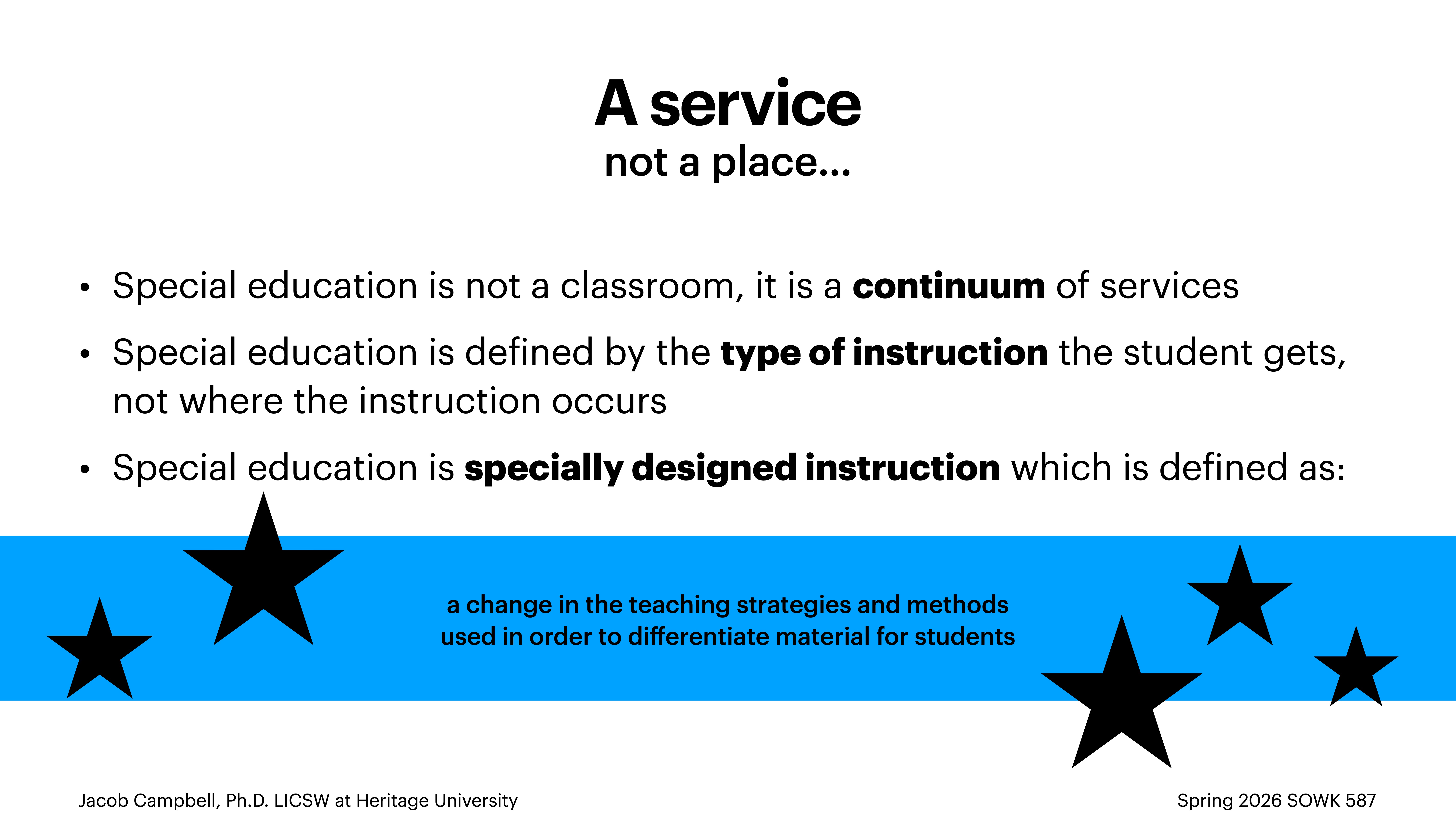 Slide features the title 'A service not a place...' with points about special education's nature as a continuum, instruction type, and specially designed instruction. Blue band with stars highlights teaching strategy changes. Information by Jacob Campbell, Spring 2026 SOWK 587.