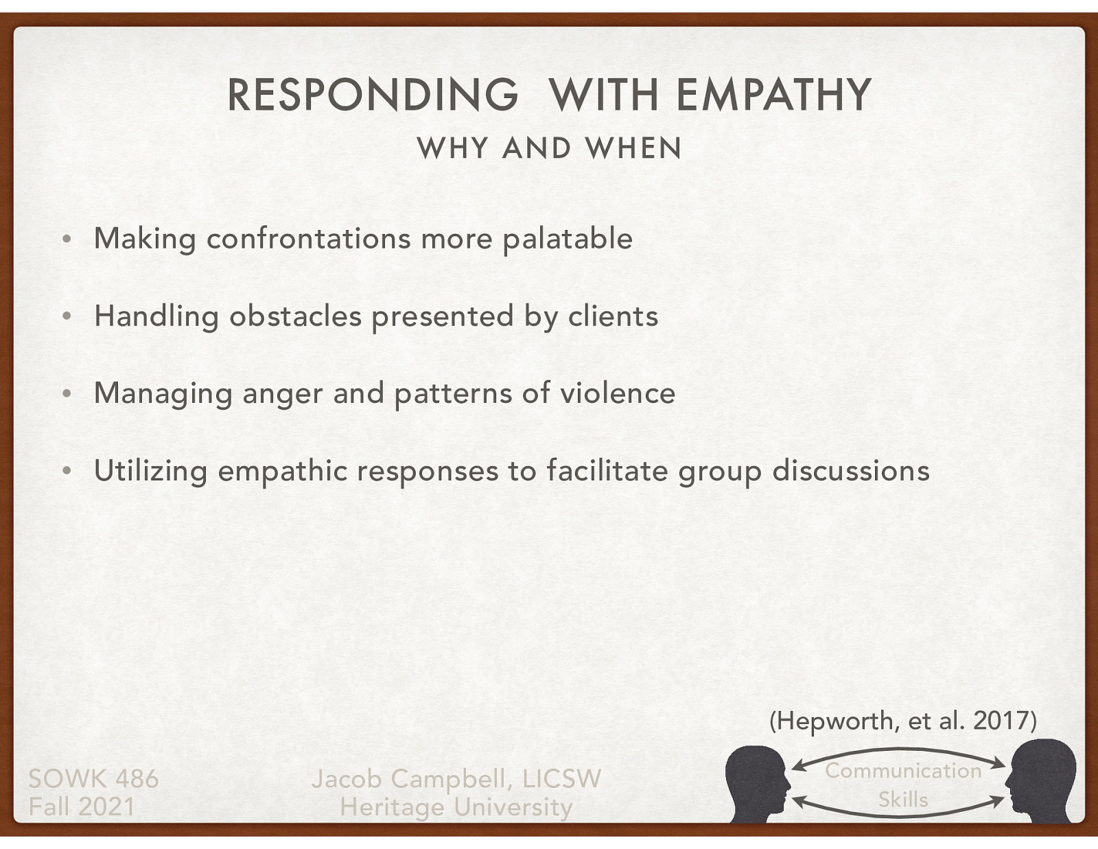  Making confrontations more palatable Handling obstacles presented by clients Managing anger and patterns of violence Utilizing empathic responses to facilitate group discussions 
