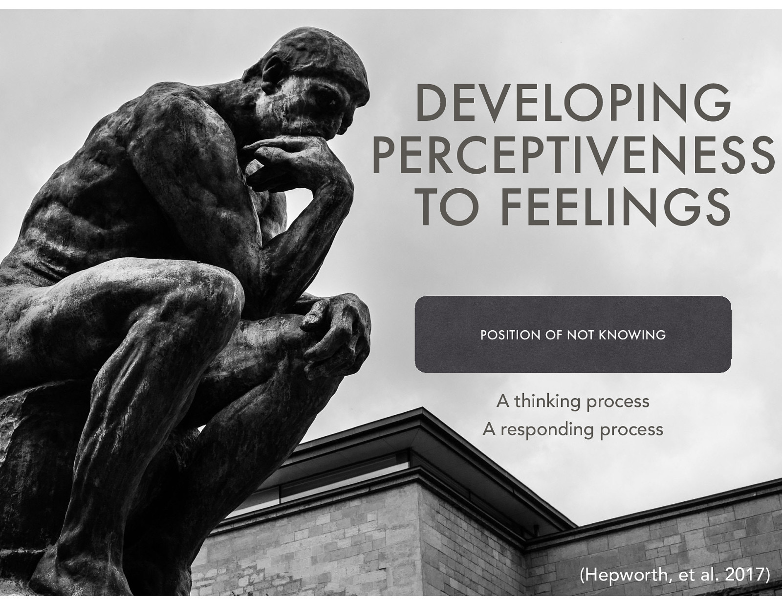  With empathy being such an important skill, we need to discuss how we can develop perceptiveness to feelings. As well we know that feelings or emotions exert a powerful influence on behavior and often play a central role in the problems of clients.   To respond to the broad spectrum of emotions and feeling states presented by clients, the social worker must be fully aware of the diversity of human emotions.   Position of not knowing…  They also need to take a “not knowing” position of learning what emotional expression means for the particular client in front of them.   It is important to realize that high-level empathic responding takes place in two phases:  A thinking process A responding process     Applicants or voluntary clients often enter into the helping relationship with openness, hoping to explore both their concerns and their related feelings. 
