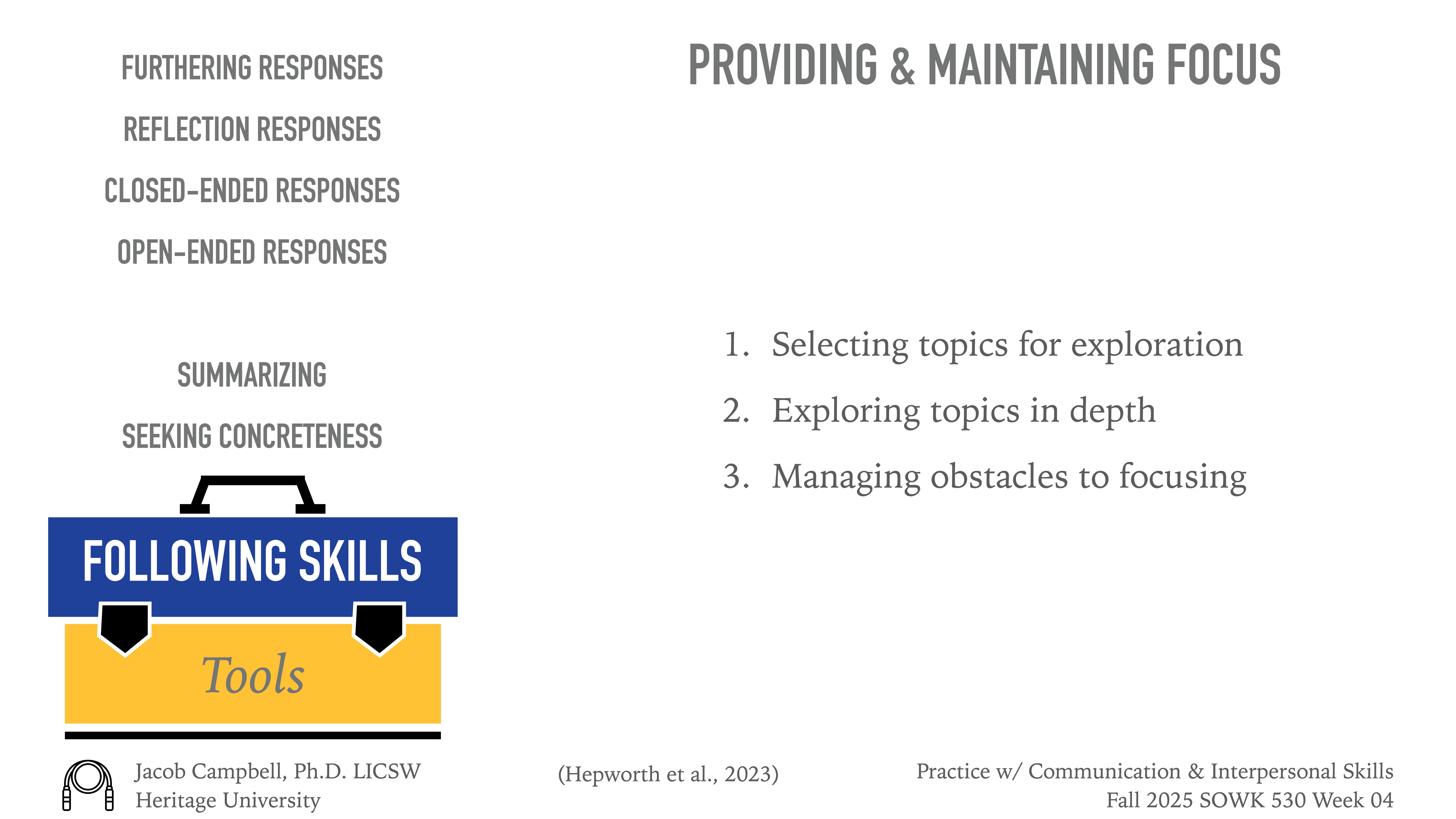 A slide titled 'Providing & Maintaining Focus' outlines methods for effective communication in practice. It includes techniques like furthering, reflection, and open-ended responses, alongside 'Following Skills' tools. Authored by Jacob Campbell, Ph.D.