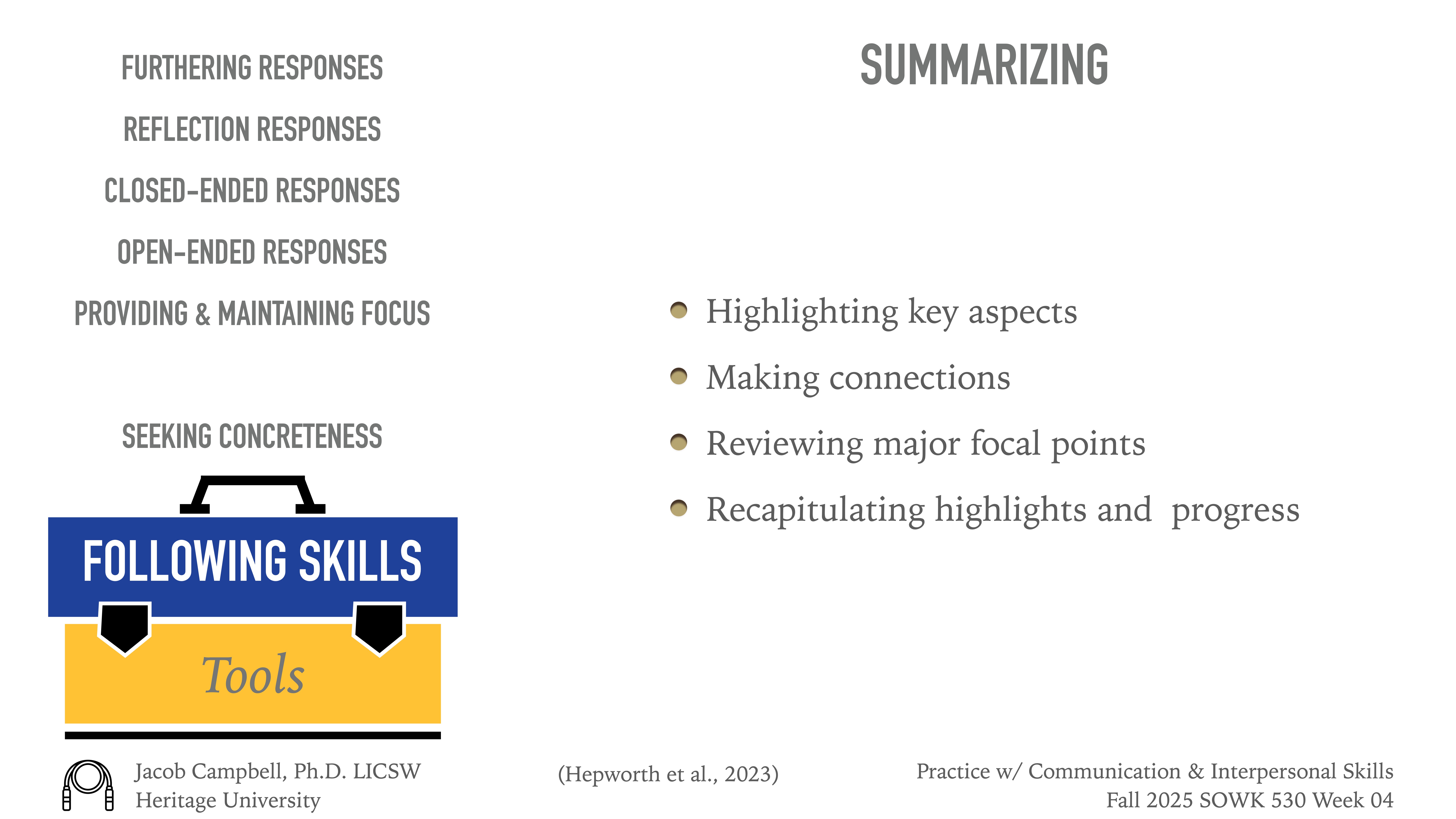 The slide features a toolbox graphic labeled 'Following Skills - Tools,' listing: 'Furthering Responses, Reflection Responses, Closed-Ended Responses, Open-Ended Responses, Providing & Maintaining Focus, Seeking Concreteness.' It includes a 'Summarizing' section: 'Highlighting key aspects, Making connections, Reviewing major focal points, Recapitulating highlights and progress.' Jacob Campbell, Ph.D. LICSW  Heritage University  Practice w/ Communication & Interpersonal Skills  Fall 2025 SOWK 530 Week 04