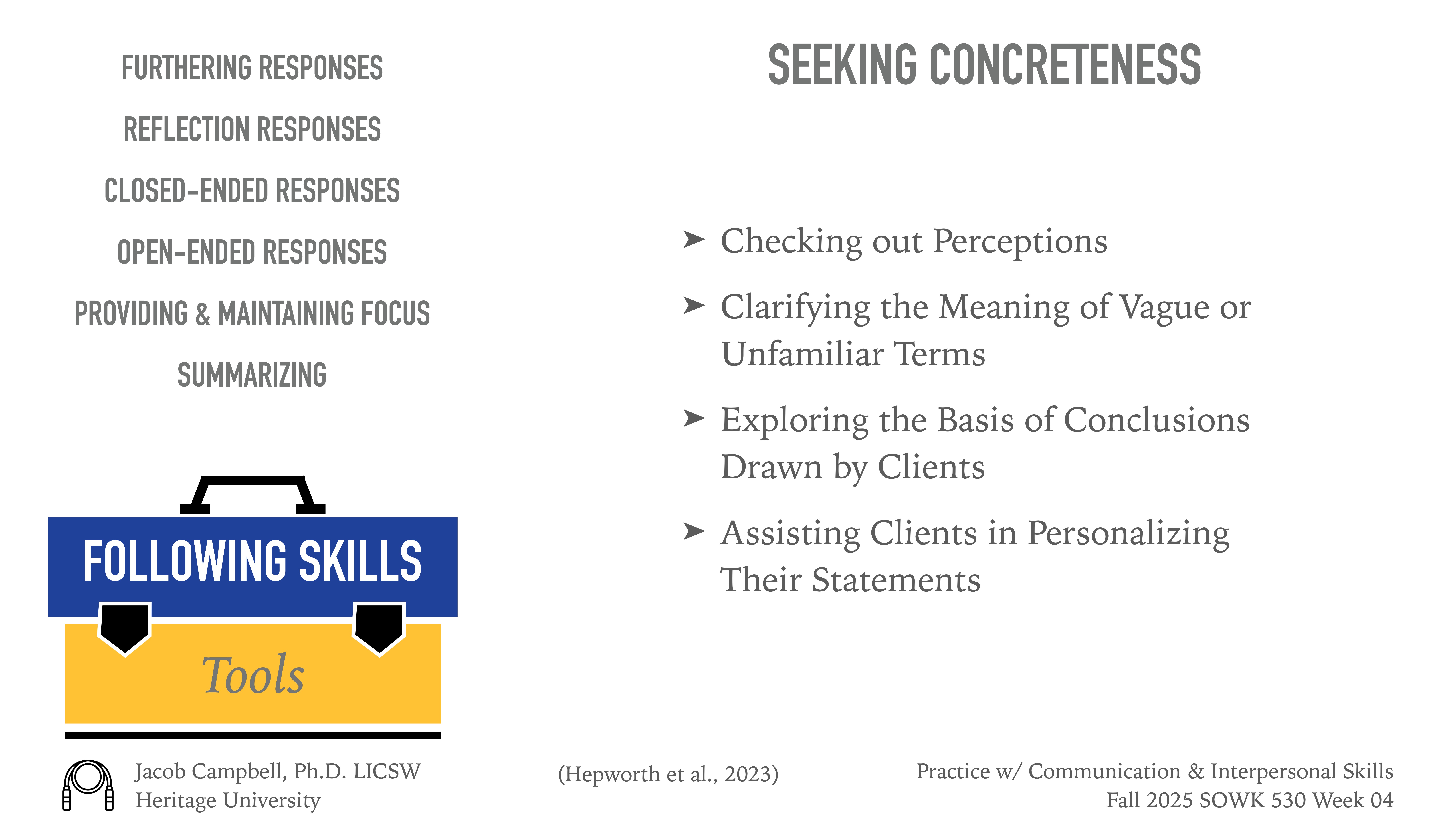 The image shows a presentation slide with 'Following Skills' tools and topics like 'Furthering Responses' and 'Summarizing.' It highlights 'Seeking Concreteness' tasks, such as checking perceptions and clarifying terms. An additional text mentions Jacob Campbell at Heritage University.