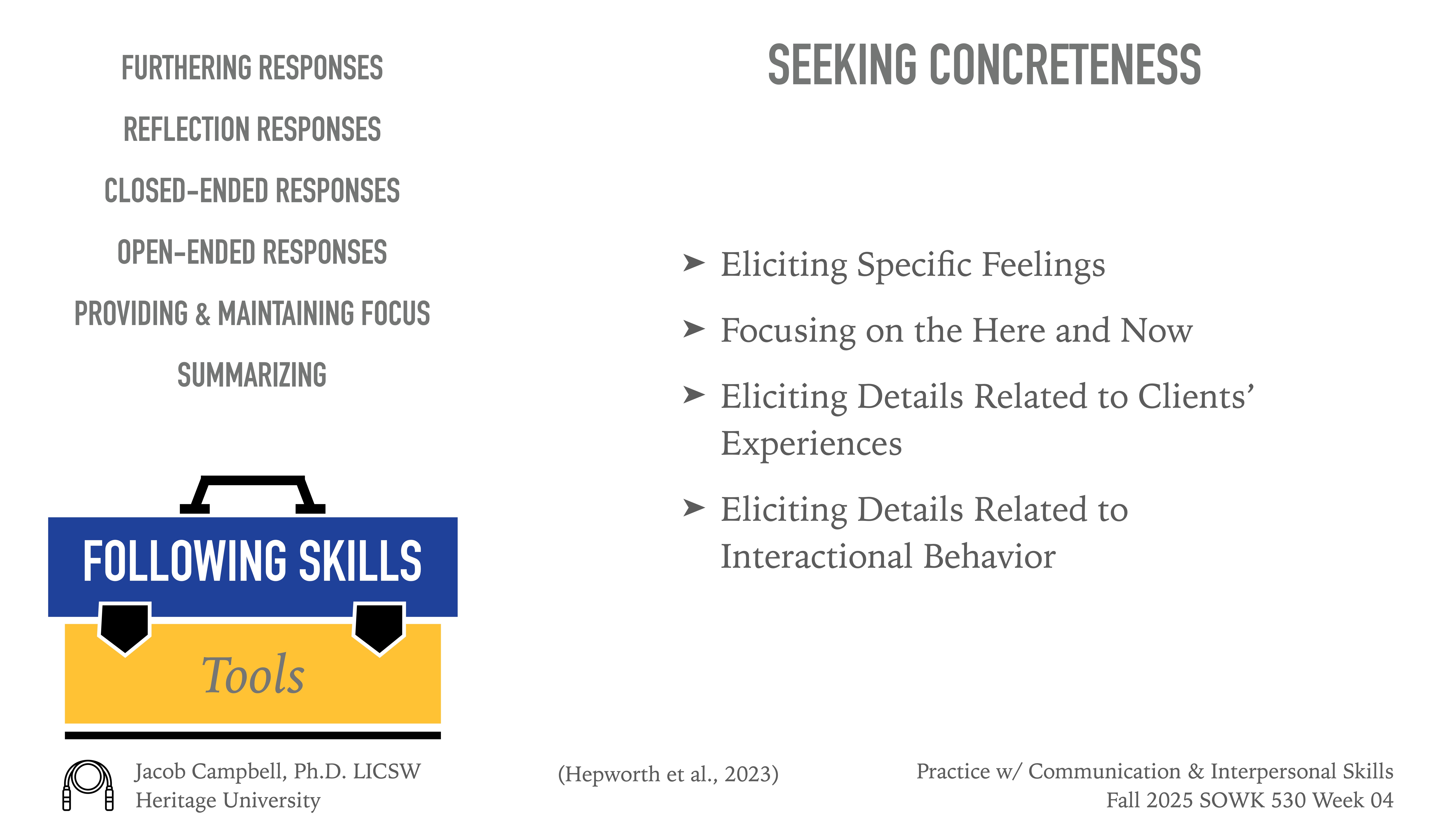 A slide features 'Following Skills' tools emphasizing responses, focus, and summarizing. Accompanying points outline techniques for seeking concreteness in communication. Credits note Jacob Campbell and Hepworth et al., for a 2025 course presentation.
