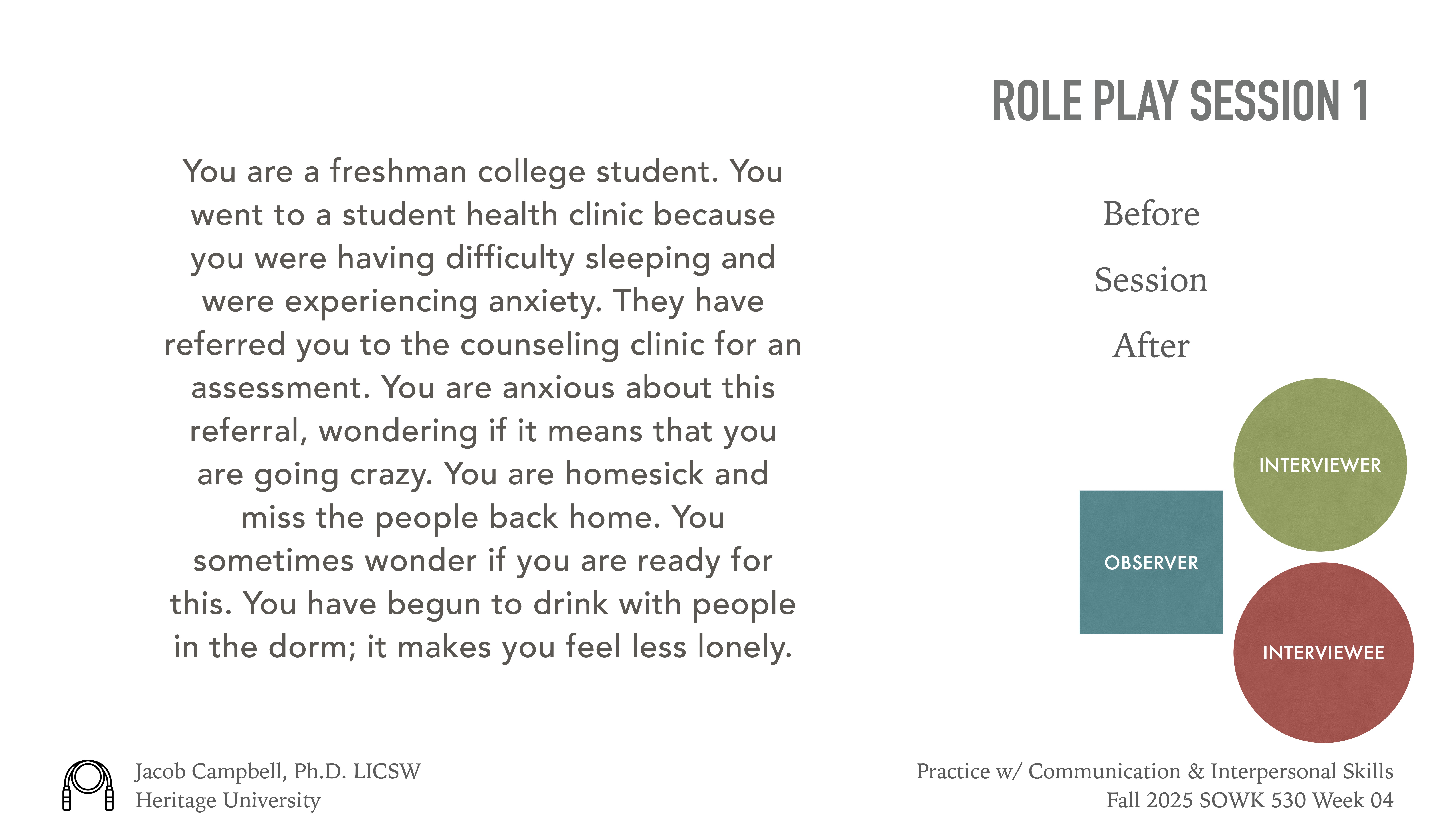 A presentation slide features a role play session for freshmen college students with text outlining a scenario of anxiety, homesickness, and drinking. Contains sections for 'Before,' 'Session,' 'After,' and roles: 'Observer,' 'Interviewee,' and 'Interviewer.' Event details: Fall 2025 SOWK 530 Week 04 by Jacob Campbell, Ph.D., LICSW.