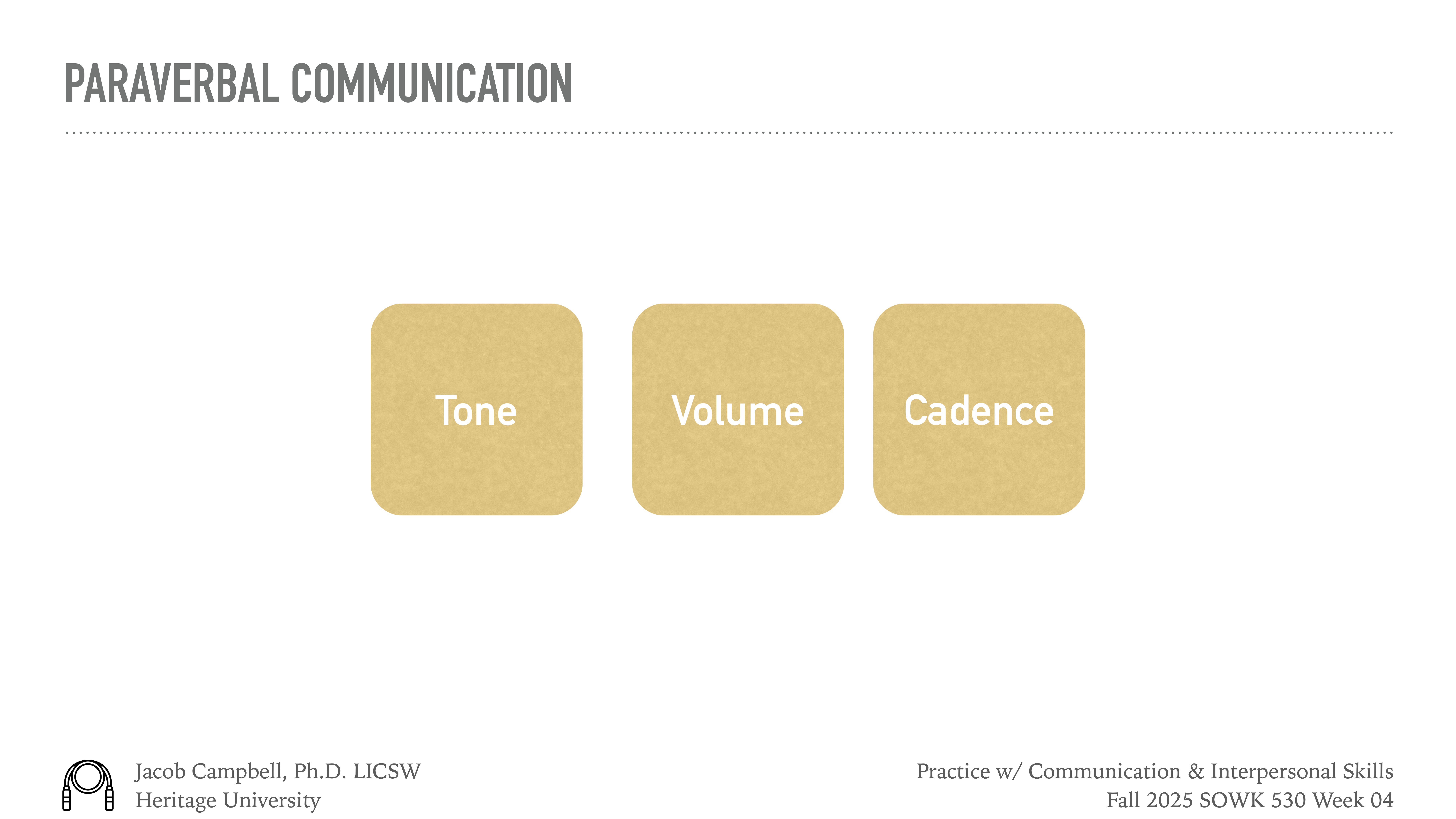 Three beige squares display the words 'Tone,' 'Volume,' and 'Cadence,' illustrating elements of paraverbal communication. The slide is titled 'PARAVERBAL COMMUNICATION' with additional text about a presentation by Jacob Campbell, Ph.D., LICSW.
