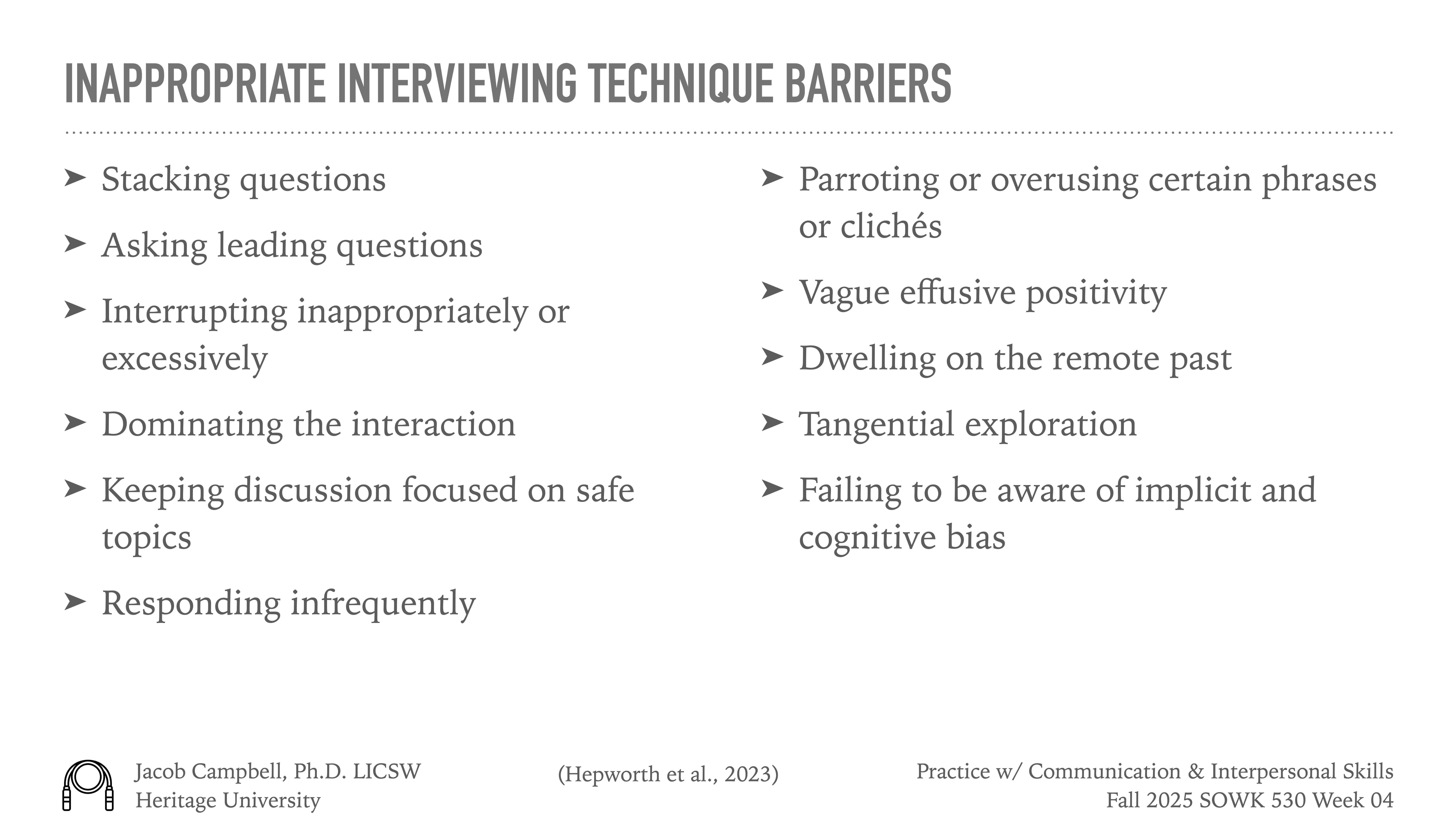 Text slide listing inappropriate interviewing technique barriers, including stacking questions, leading questions, and inappropriate interruptions. Additional barriers: parroting phrases, dwelling on past, tangential exploration. Context: Academic presentation on communication skills.