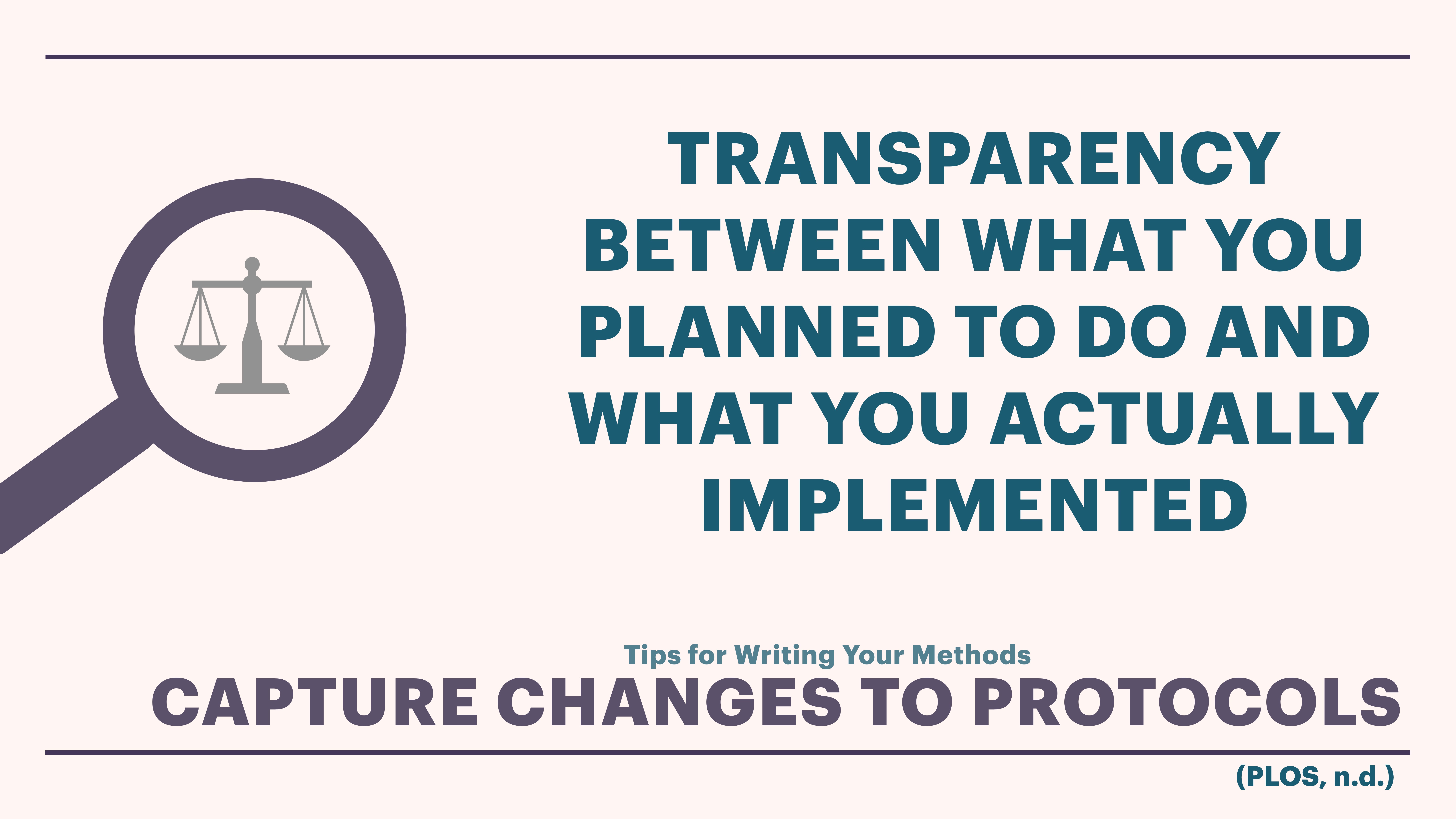 A magnifying glass encircles scales of justice. Text states: 'Transparency between what you planned to do and what you actually implemented. Capture changes to protocols' followed by '(PLOS, n.d.).'