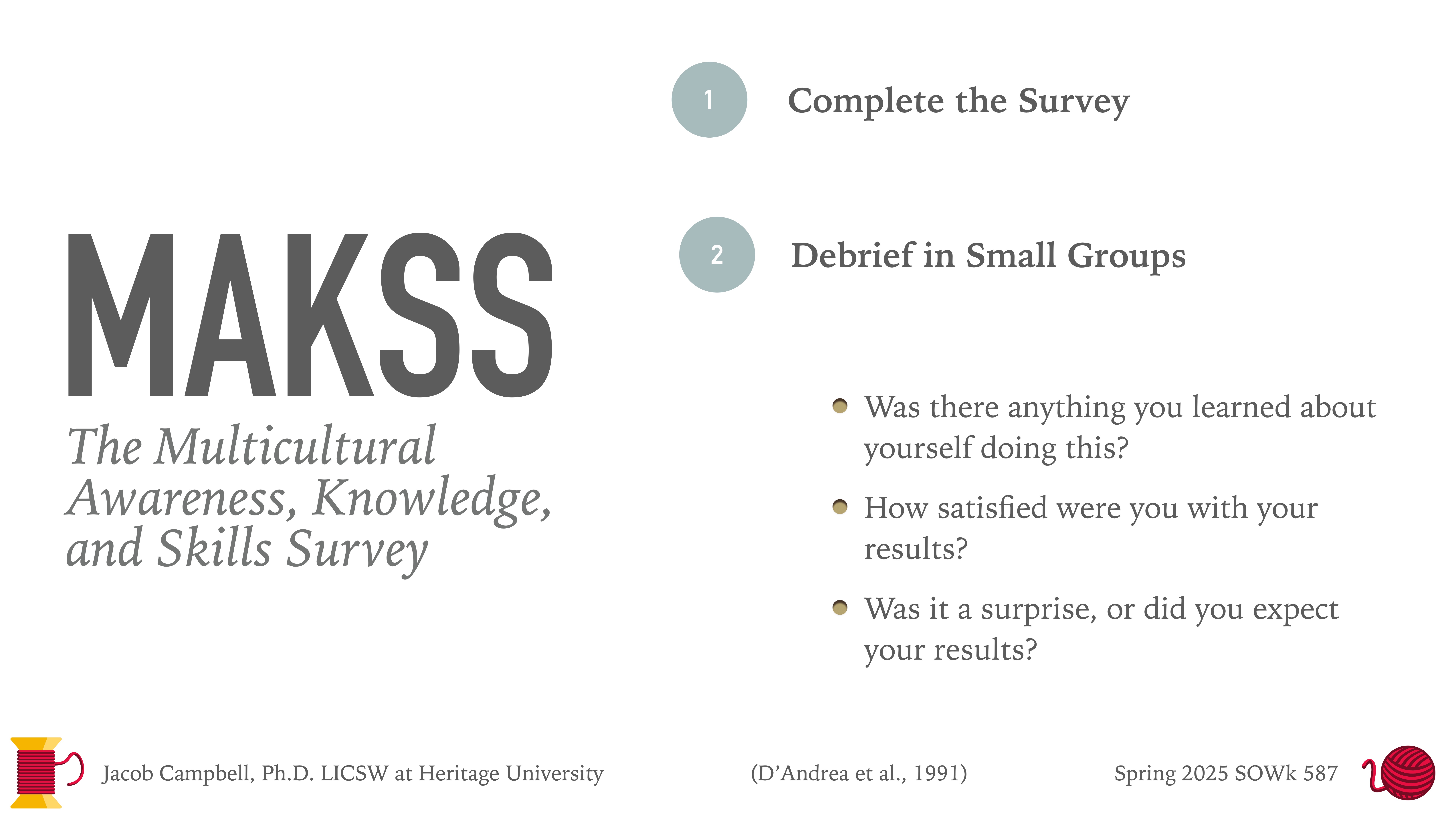 Title 'MAKSS' with subtitle 'The Multicultural Awareness, Knowledge, and Skills Survey.' Two steps include: 'Complete the Survey' and 'Debrief in Small Groups,' with reflective questions. Below is contact information: Jacob Campbell, Ph.D. LICSW at Heritage University. (D'Andrea et al., 1991) Spring 2025 SOWK 587.