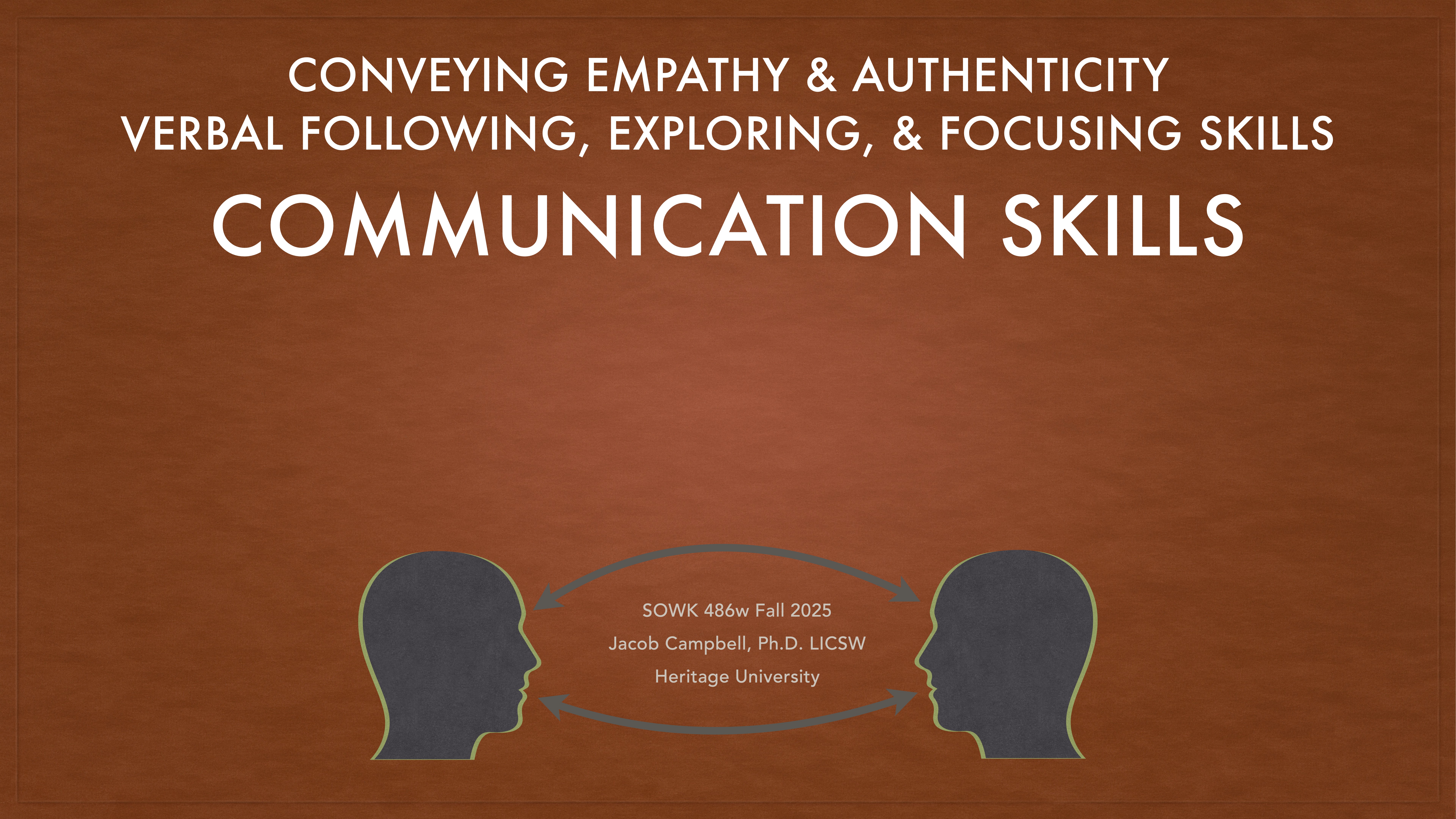 Two silhouette profiles face each other on a brown background. Prominent text reads, 'Communication Skills: Conveying Empathy & Authenticity, Verbal Following, Exploring & Focusing Skills.' Additional text notes course details and instructor at Heritage University.
