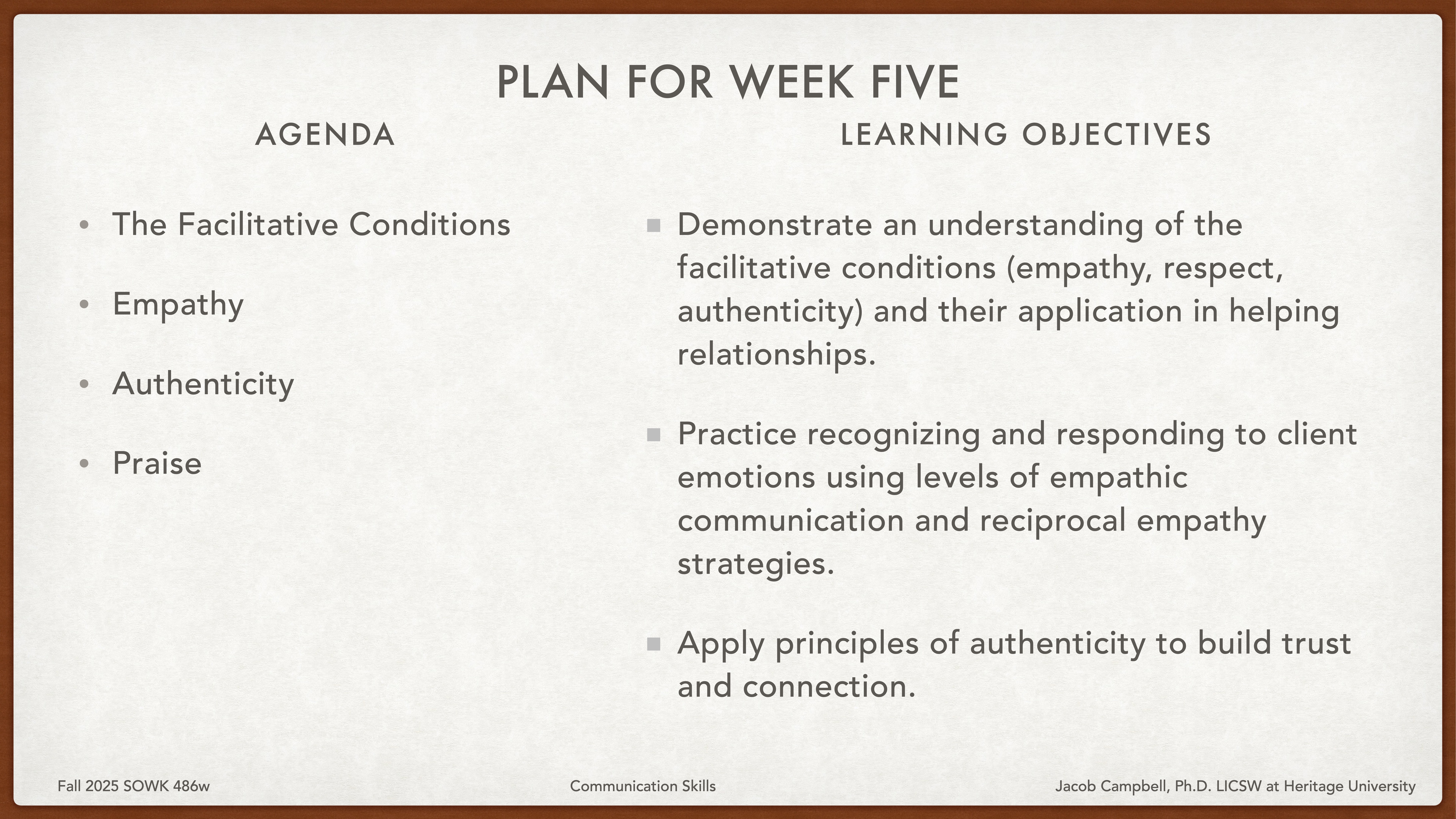 Slide with text discussing agenda and learning objectives for 'Plan for Week Five.' Agenda items: Facilitative Conditions, Empathy, Authenticity, Praise. Objectives: Understand facilitative conditions, practice empathetic communication, apply authenticity principles.