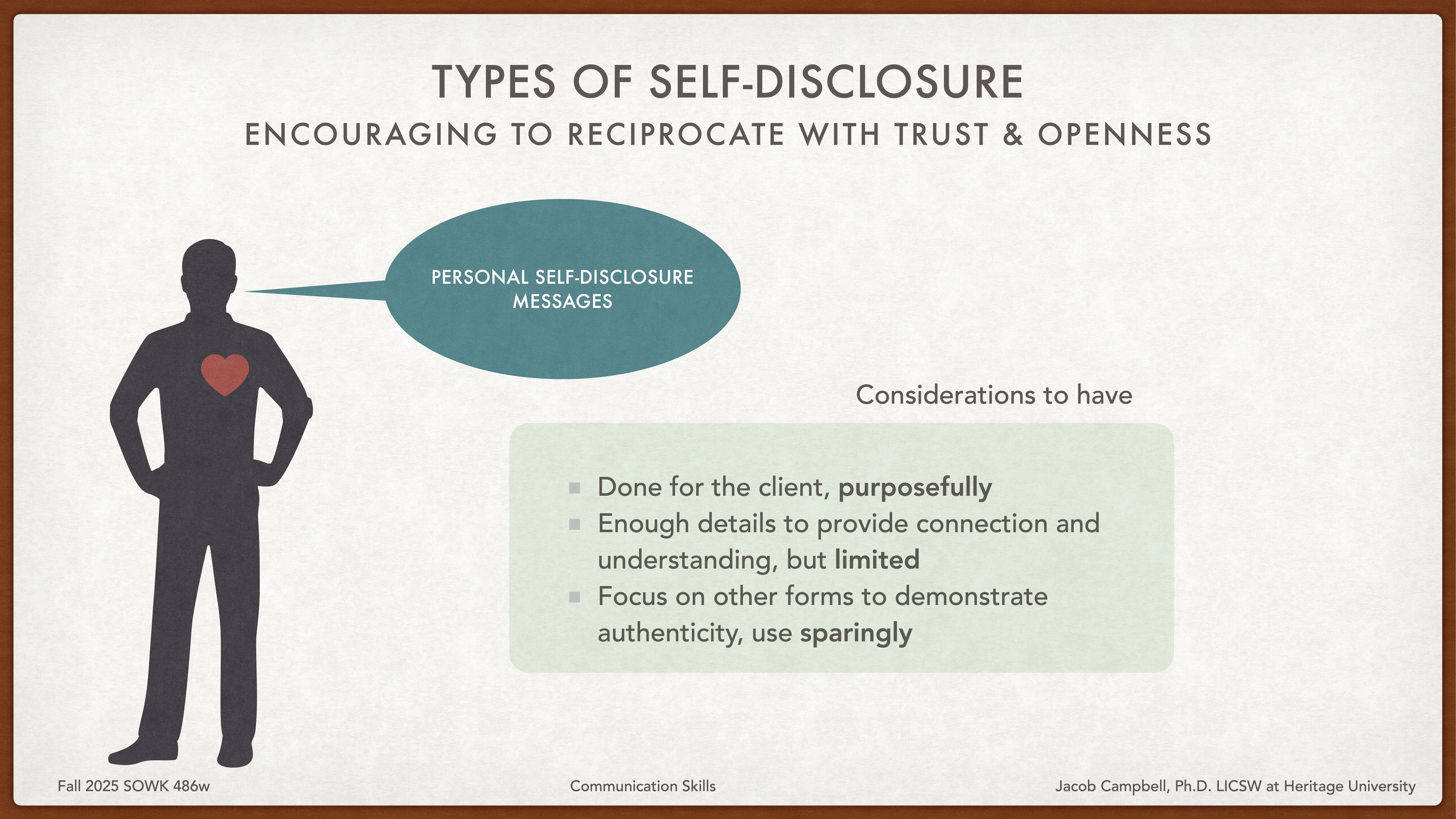 Silhouette figure shares 'Personal Self-Disclosure Messages' through a speech bubble; includes considerations: purposeful client focus, sufficient detail for connection, and sparing use. Titled 'Types of Self-Disclosure,' promoting trust and openness.