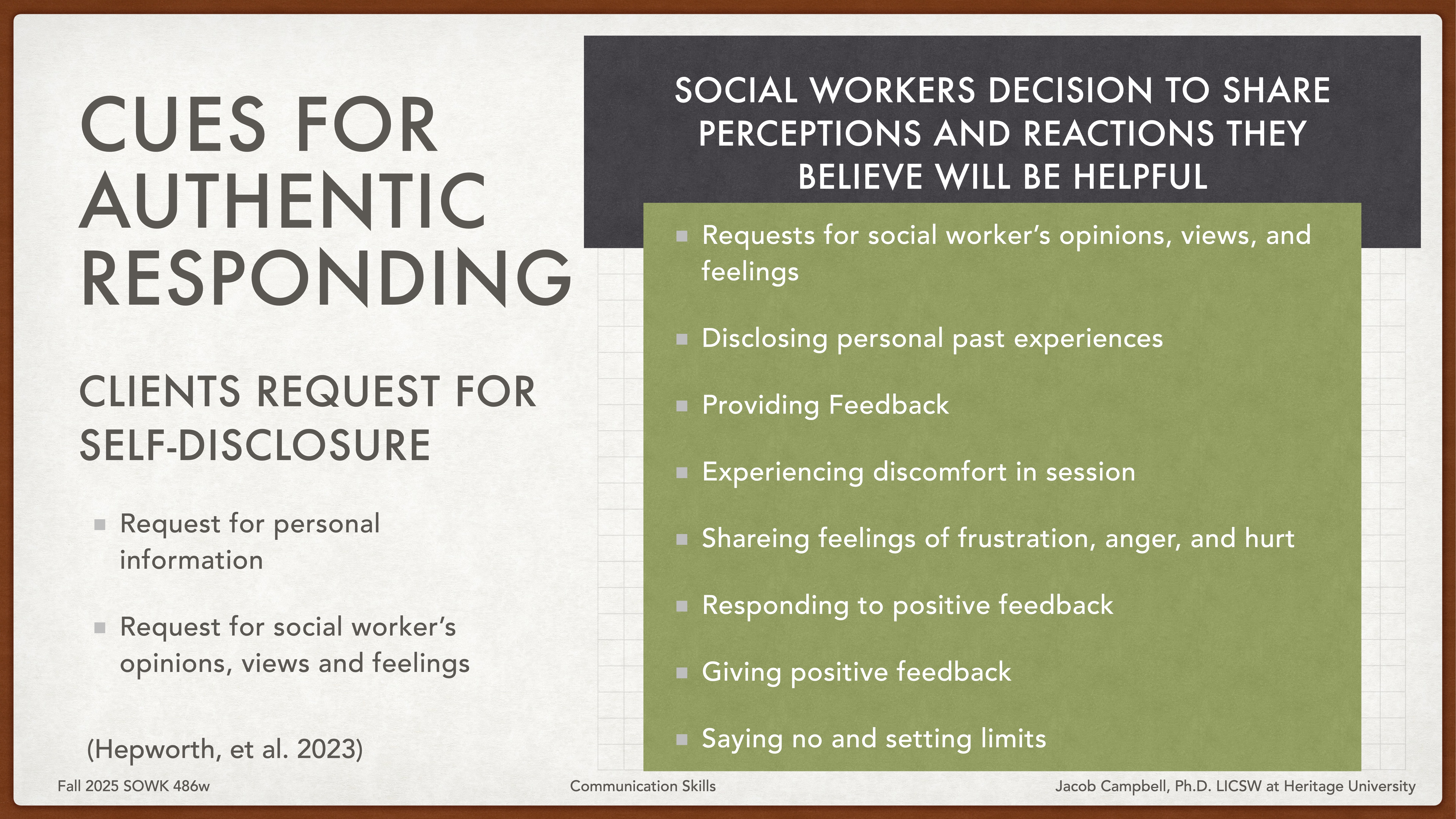 The slide features two columns. Left: Text discussing cues for authentic responding and clients requesting self-disclosure, with points about personal information and feelings. Right: A list of actions for social workers to share perceptions and reactions, including sharing opinions, personal experiences, and feedback.