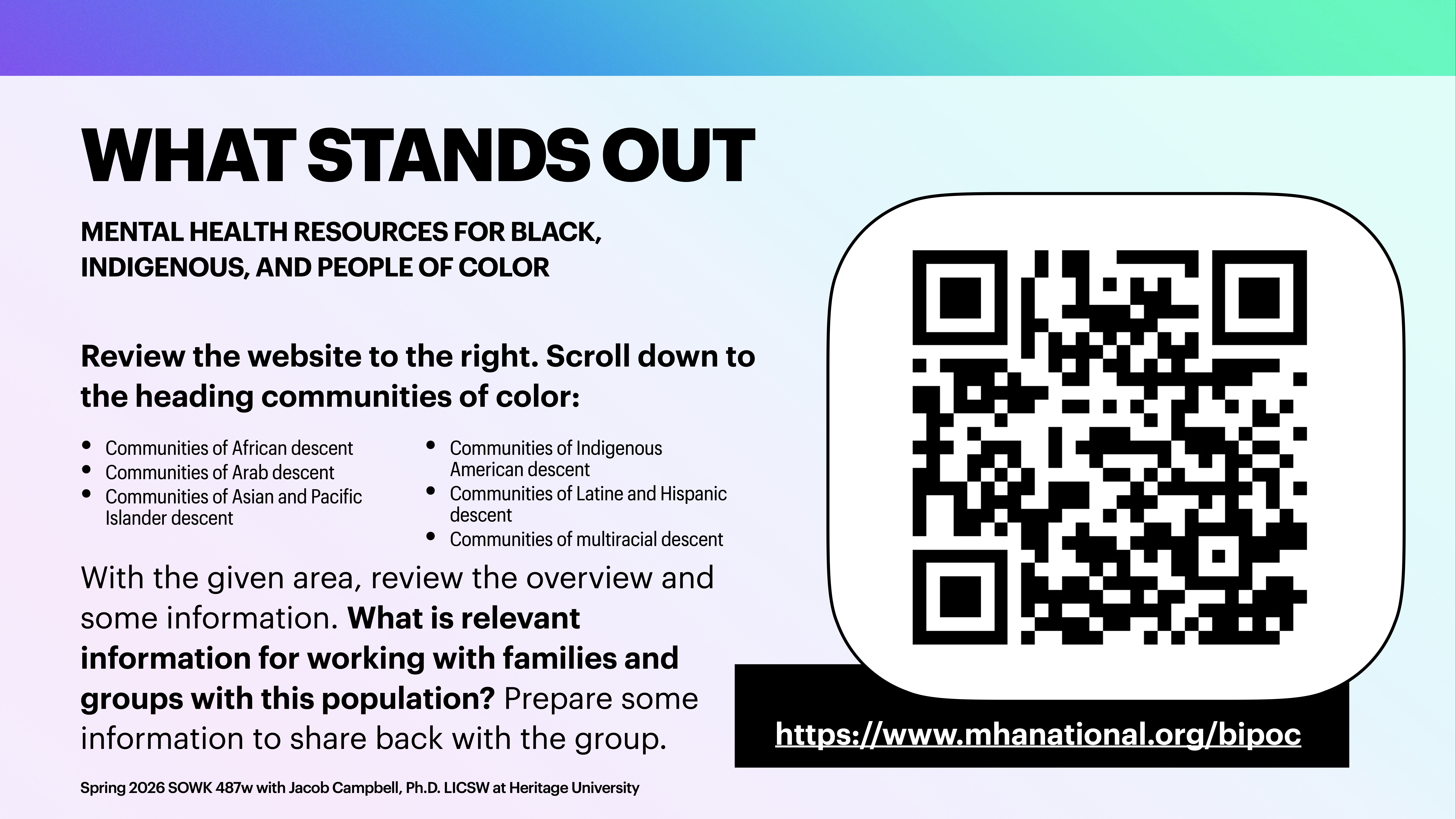 QR code links to mental health resources for Black, Indigenous, and people of color, placed on a presentation slide. Text provides instructions to review specific communities. Website: https://www.mhanational.org/bipoc.