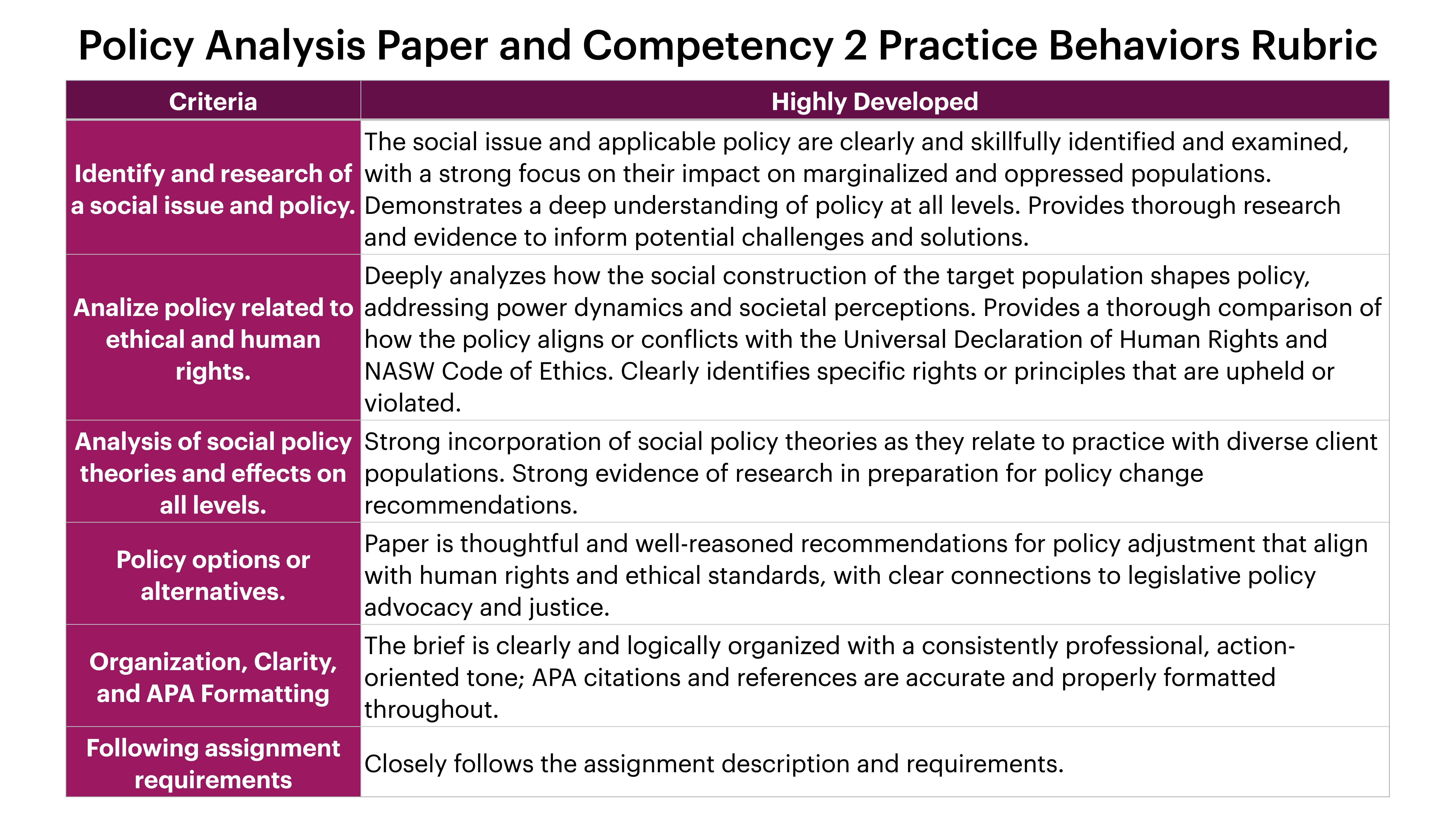 Rubric table outlines criteria for a policy analysis paper under the 'Highly Developed' category. Criteria include social issue identification, policy analysis, theory effects, alternatives, formatting, and assignment adherence, with detailed descriptions for each.