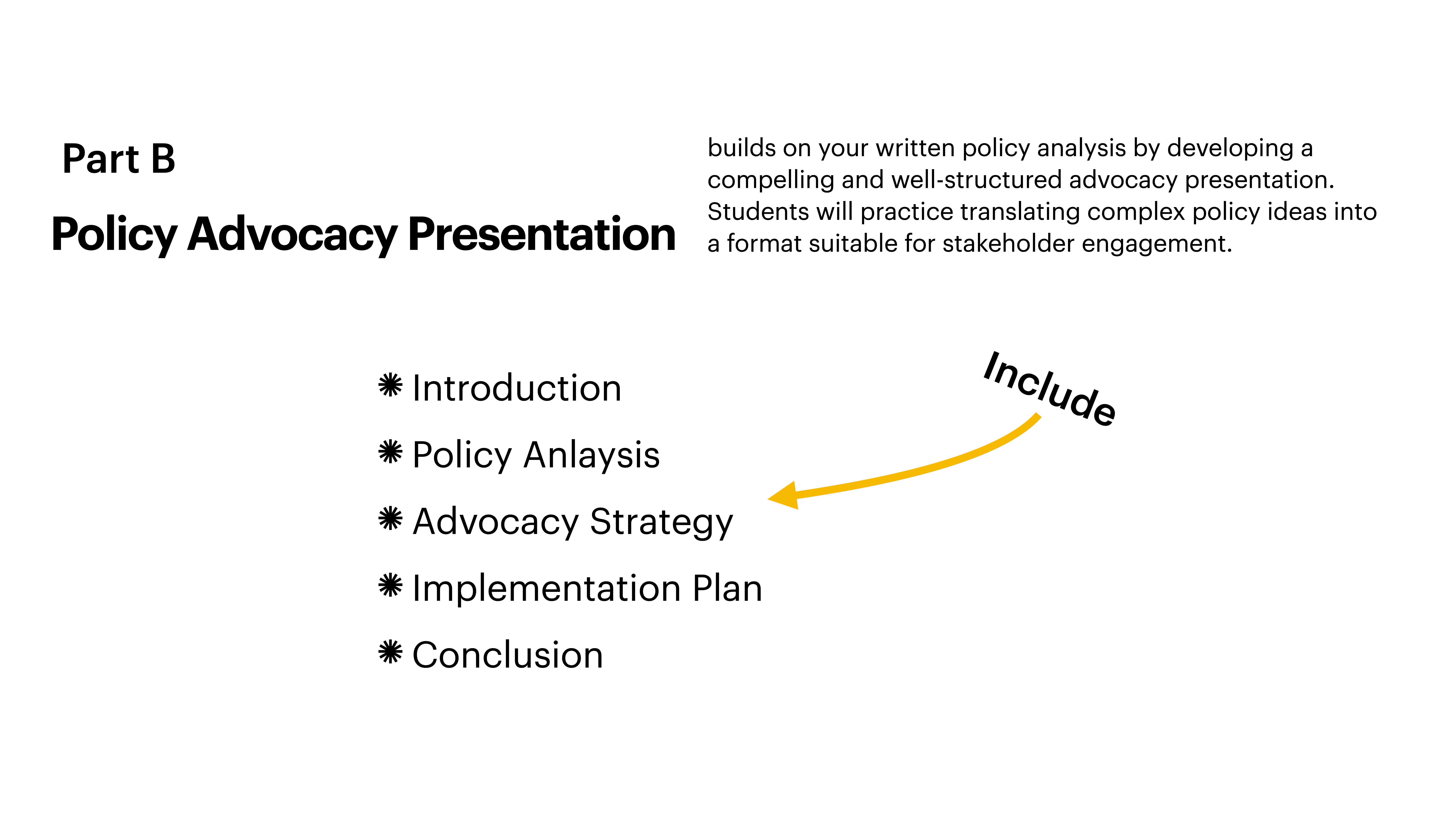 The slide details key components of a 'Policy Advocacy Presentation,' including Introduction, Policy Analysis, Advocacy Strategy, Implementation Plan, and Conclusion. It emphasizes the importance of stakeholder engagement.