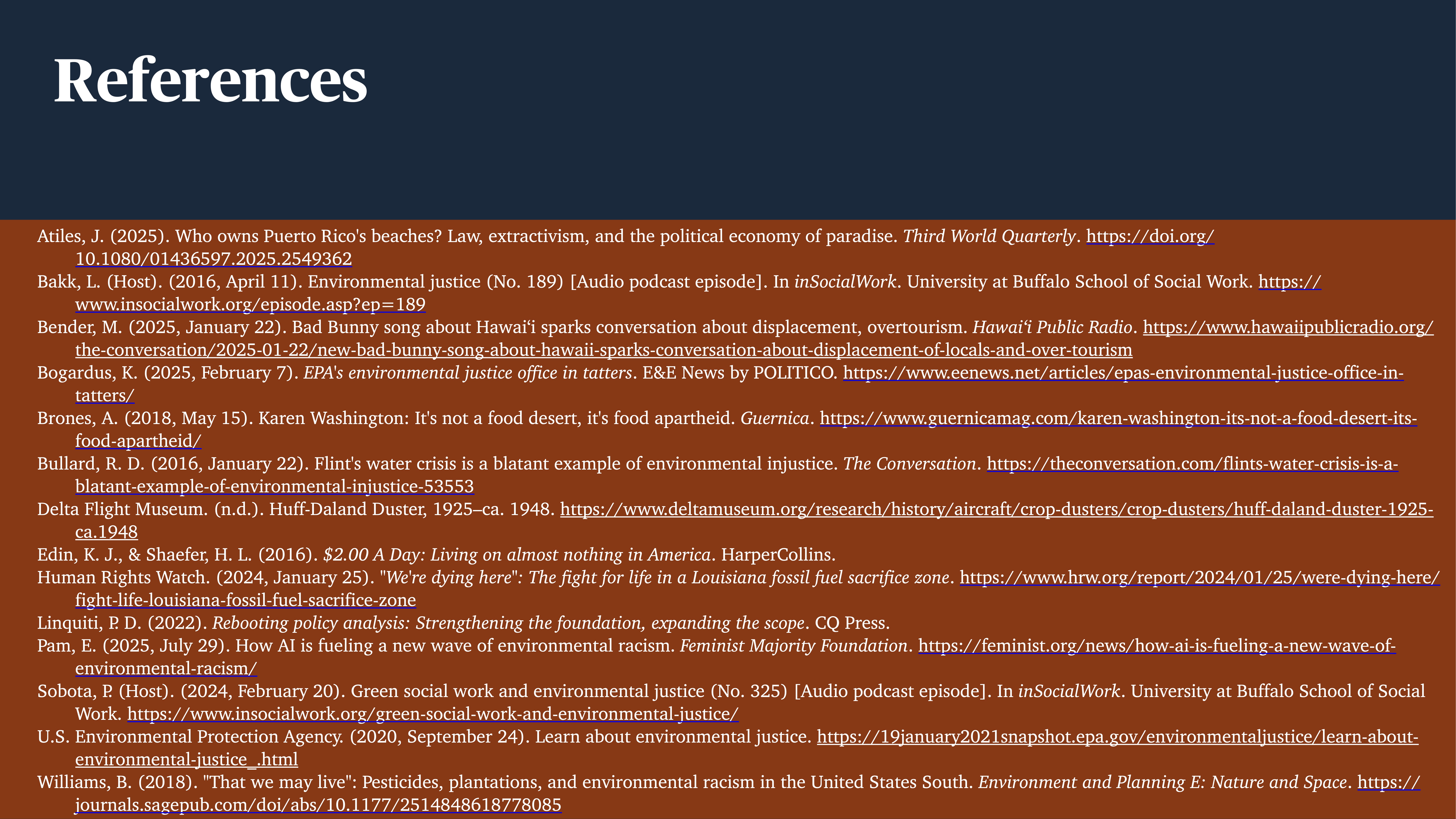 'References' is the title at the top. The slide lists various academic sources, each entry including an author's name, publication year, article title, journal or publisher name, and URLs for online access.