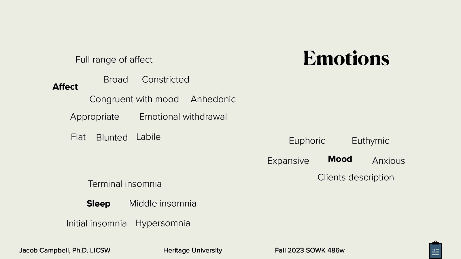 Emotions Full range of a ect A ect Broad Constricted Congruent with mood Appropriate Flat Anhedonic Emotional withdrawal Blunted Labile Euphoric Expansive Mood Middle insomnia Initial insomnia Hypersomnia ff ff Jacob Campbell, Ph.D. LICSW Anxious Clients description Terminal insomnia Sleep Euthymic Heritage University Fall 2023 SOWK 486w
