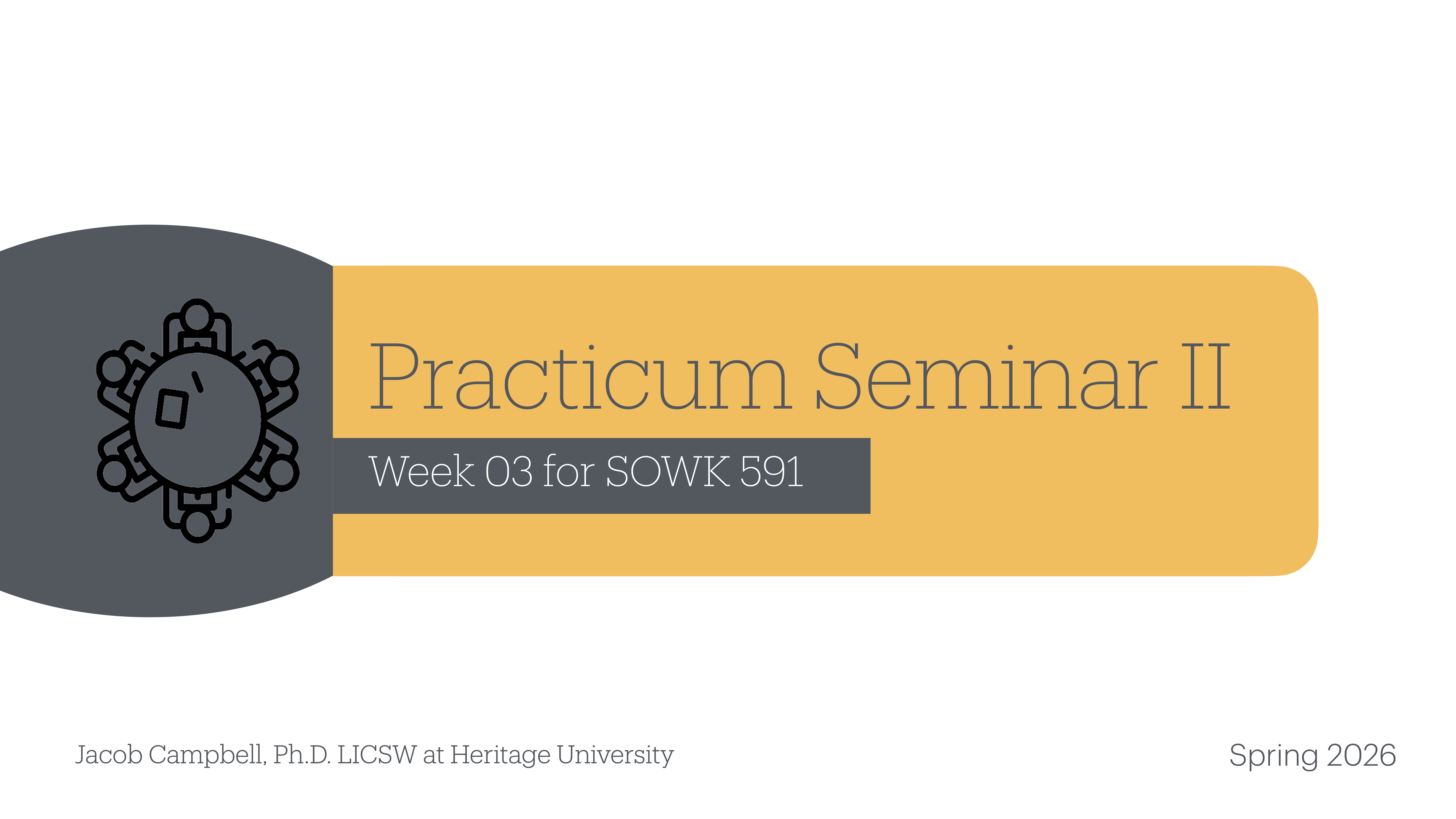 Circular graphic motif on left; text reads 'Practicum Seminar II, Week 03 for SOWK 591.' Bottom text: 'Jacob Campbell, Ph.D. LICSW at Heritage University.' 'Spring 2026' in lower right corner.