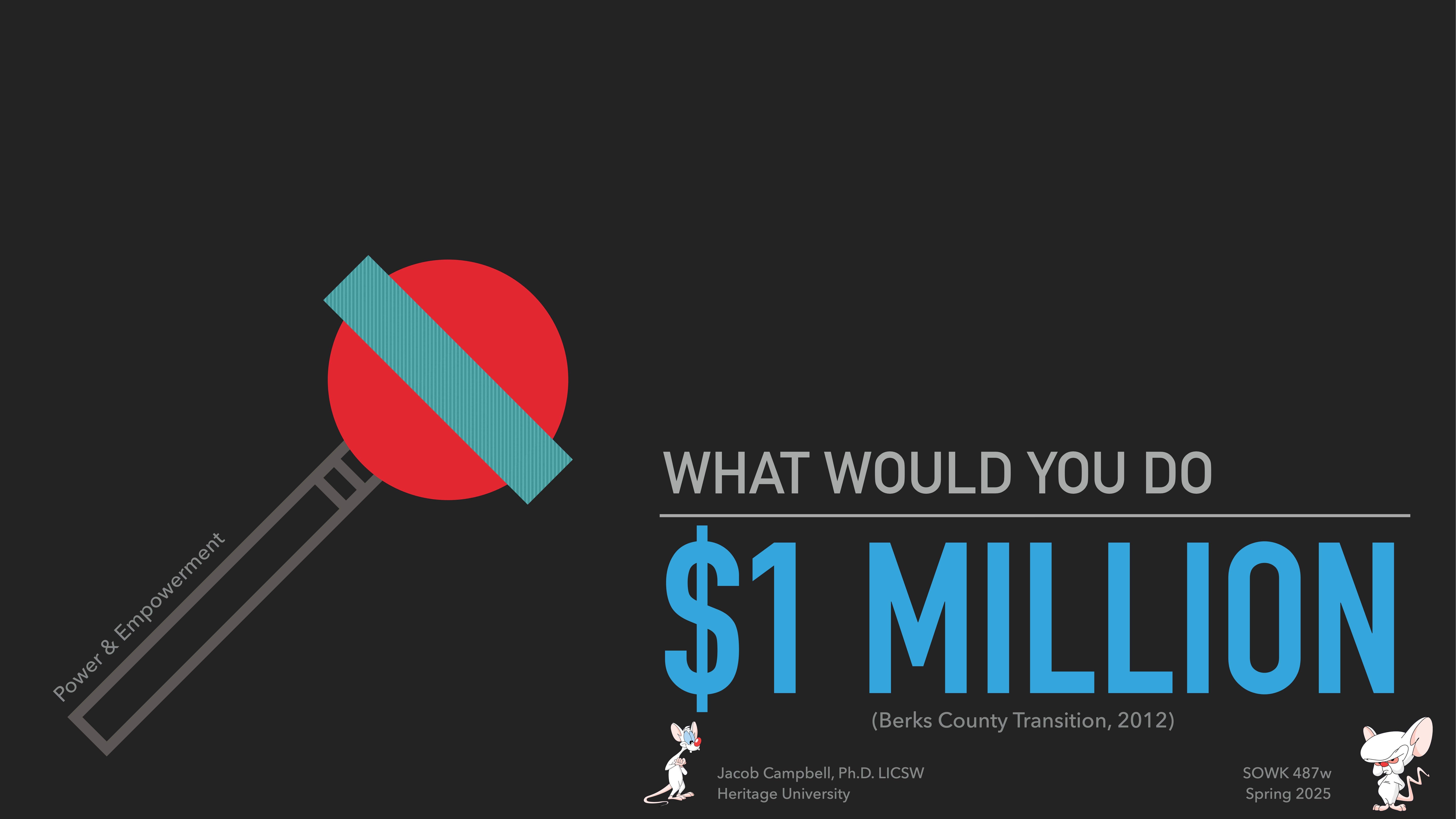 A stylized gavel labeled 'Power & Empowerment' rests above text reading, 'WHAT WOULD YOU DO $1 MILLION (Berks County Transition, 2012).' Presented by Jacob Campbell, Heritage University, for SOWK 487V, Spring 2023.