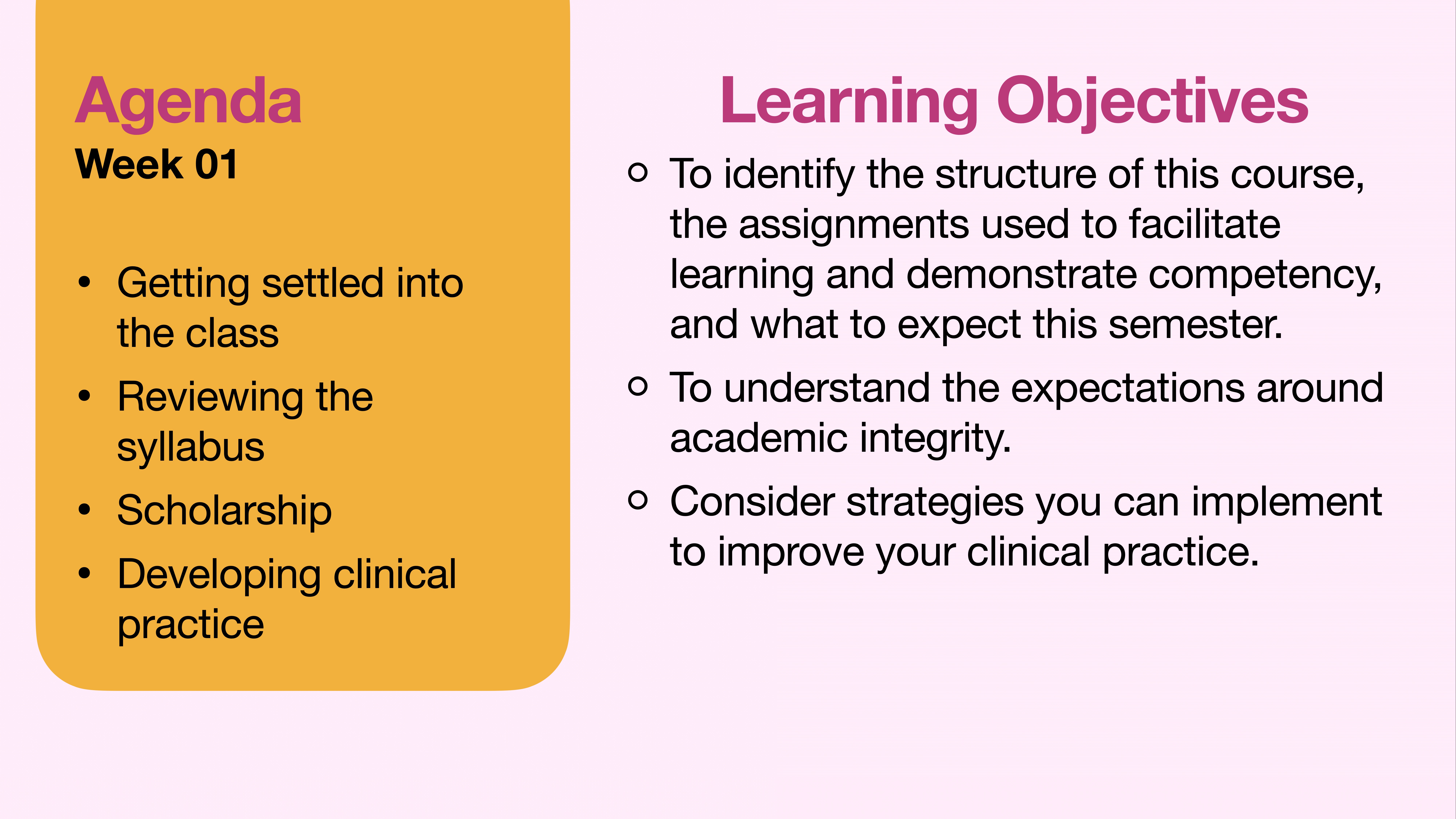 A presentation slide displays a structured agenda and learning objectives. The agenda lists 'Week 01: Getting settled into the class, Reviewing the syllabus, Scholarship, Developing clinical practice' on a yellow background. The learning objectives outline key goals, including understanding course structure and academic integrity, on a pink background.